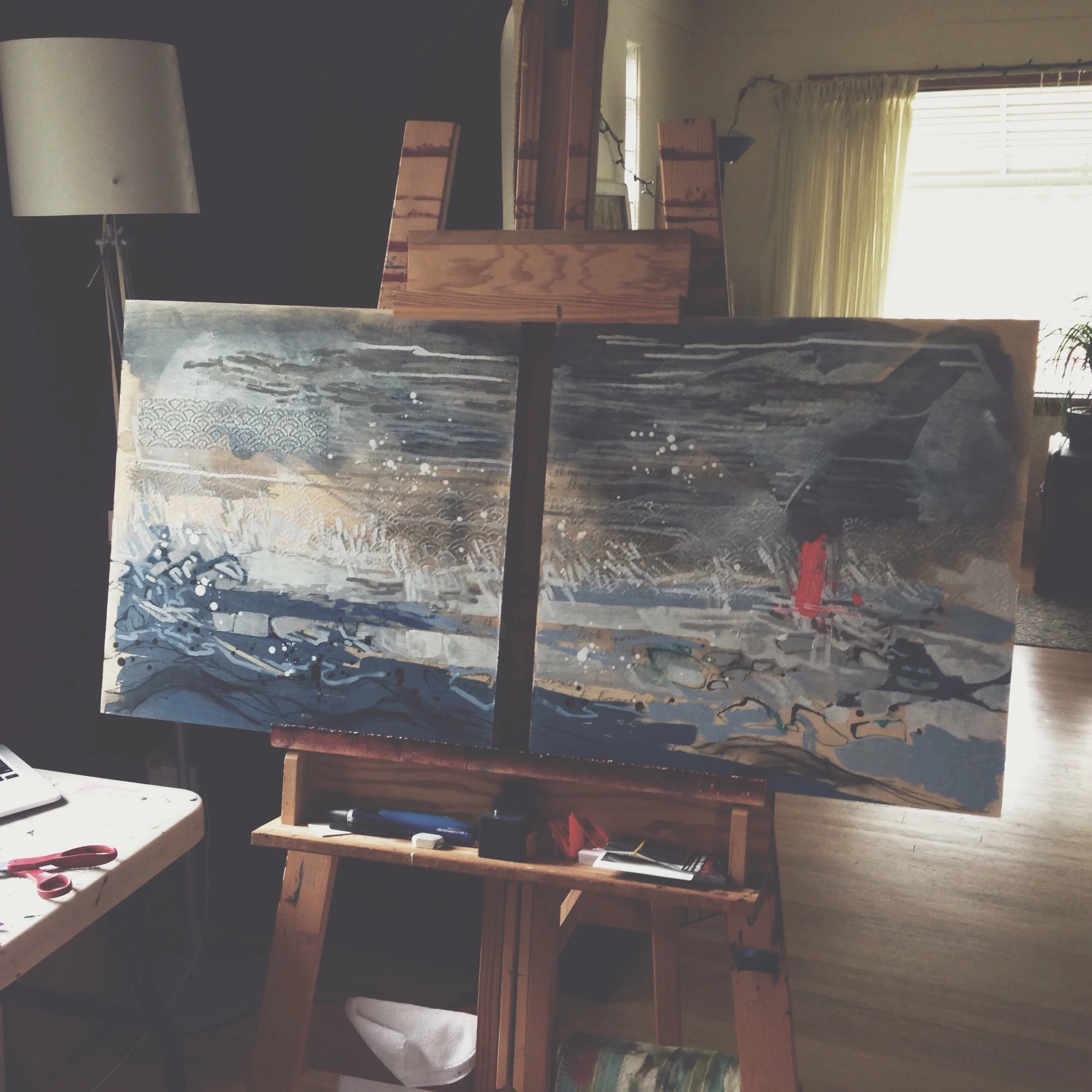 sounding buoy off Amphritrite Point, Ucluelet BC, mixed media on wood panel (set of 2), 20x20 (each), $1000 + tax, 2016