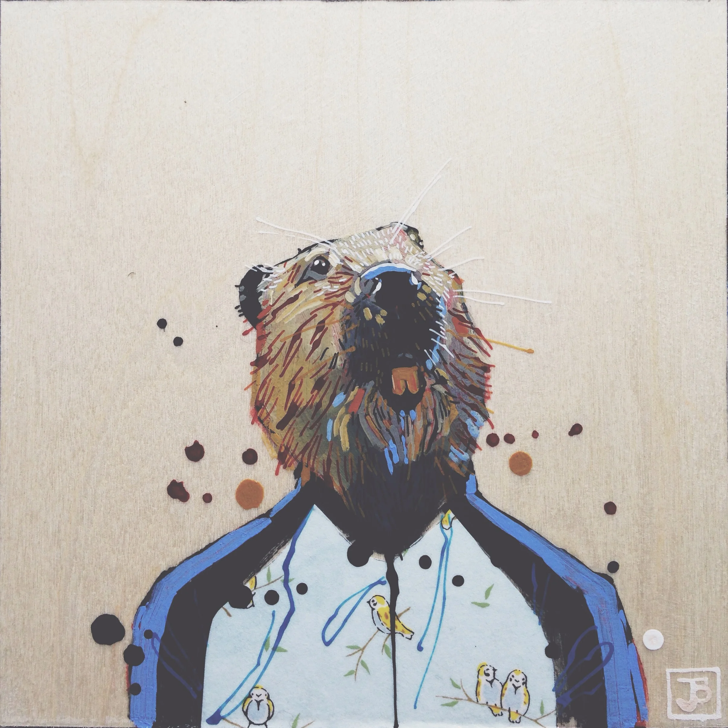 beaver, mixed media on wood panel, 8x8, 2016