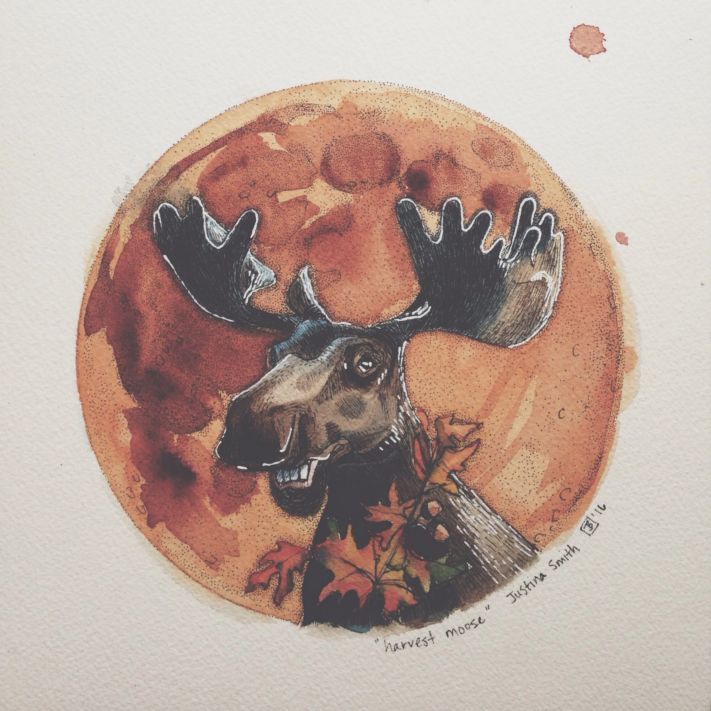 harvest moose, pen & watercolour on cold pressed paper, 8x8(in), 2016