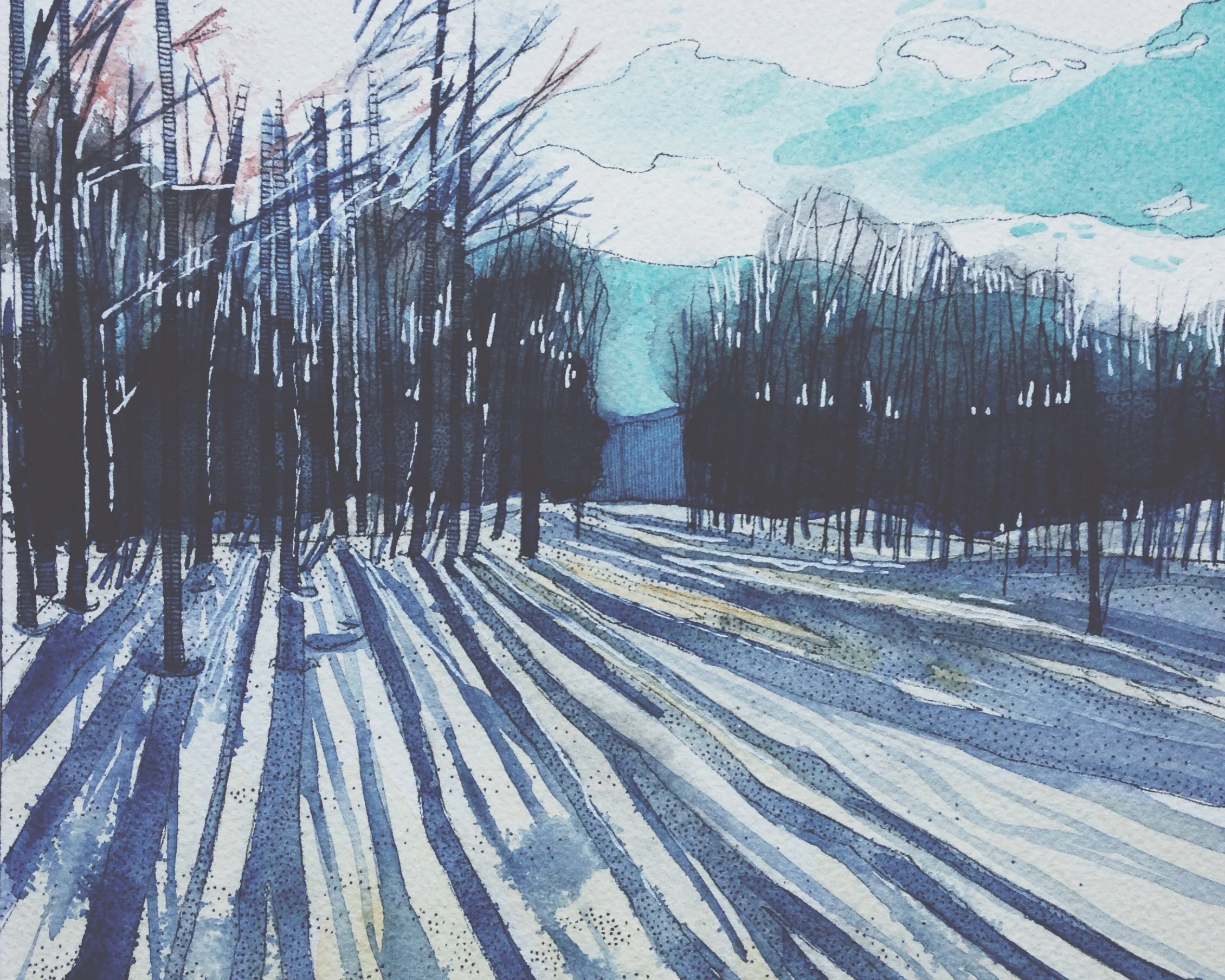 terwillegar dog park, pen & watercolour on cold pressed paper, 8x8(in), SOLD, 2016