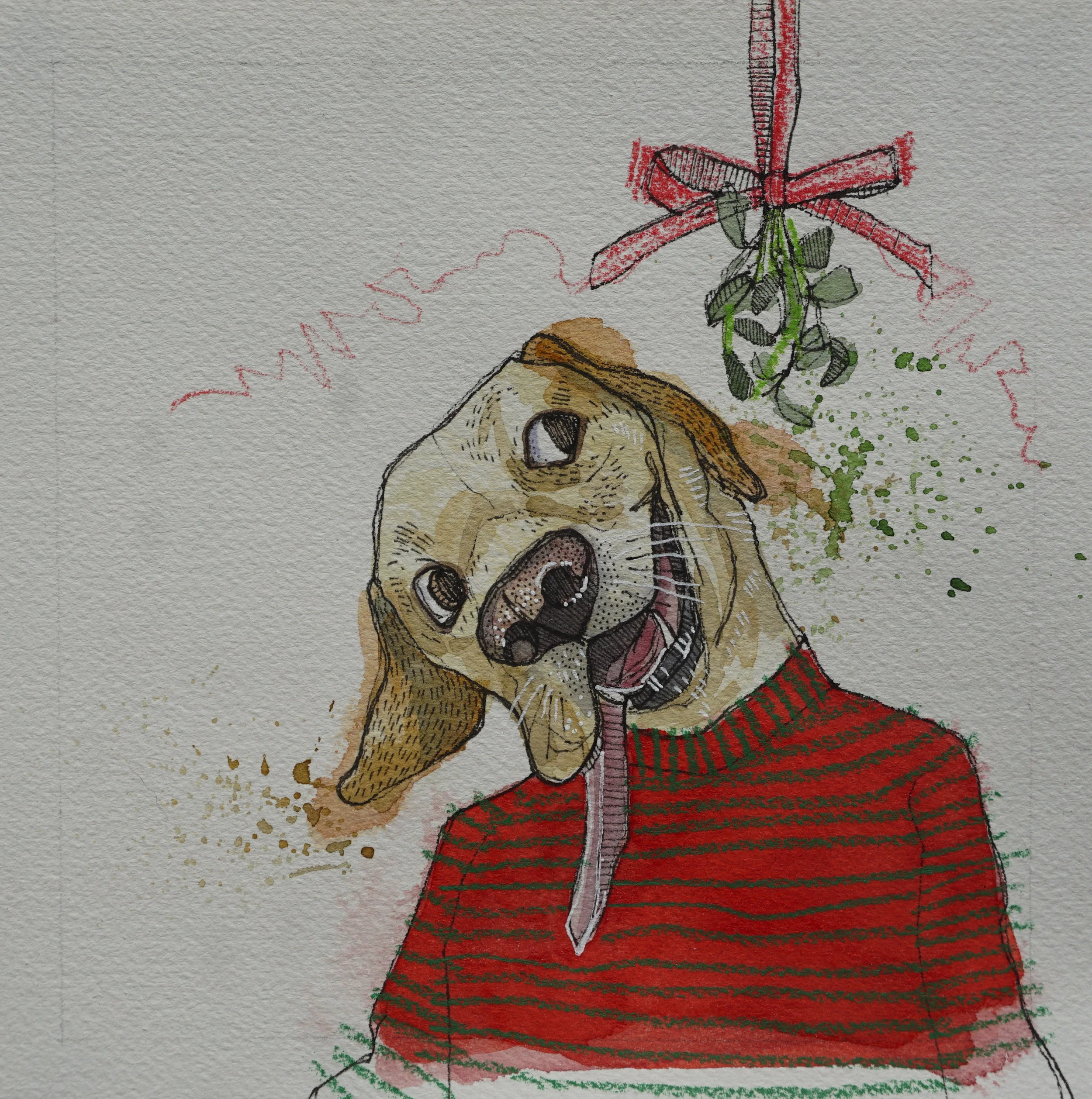 yellow lab with mistletoe, pen, watercolour, soft pencil crayon & acrylic paint marker on cold pressed paper, 8x8(in), $100 + GST, 2017
