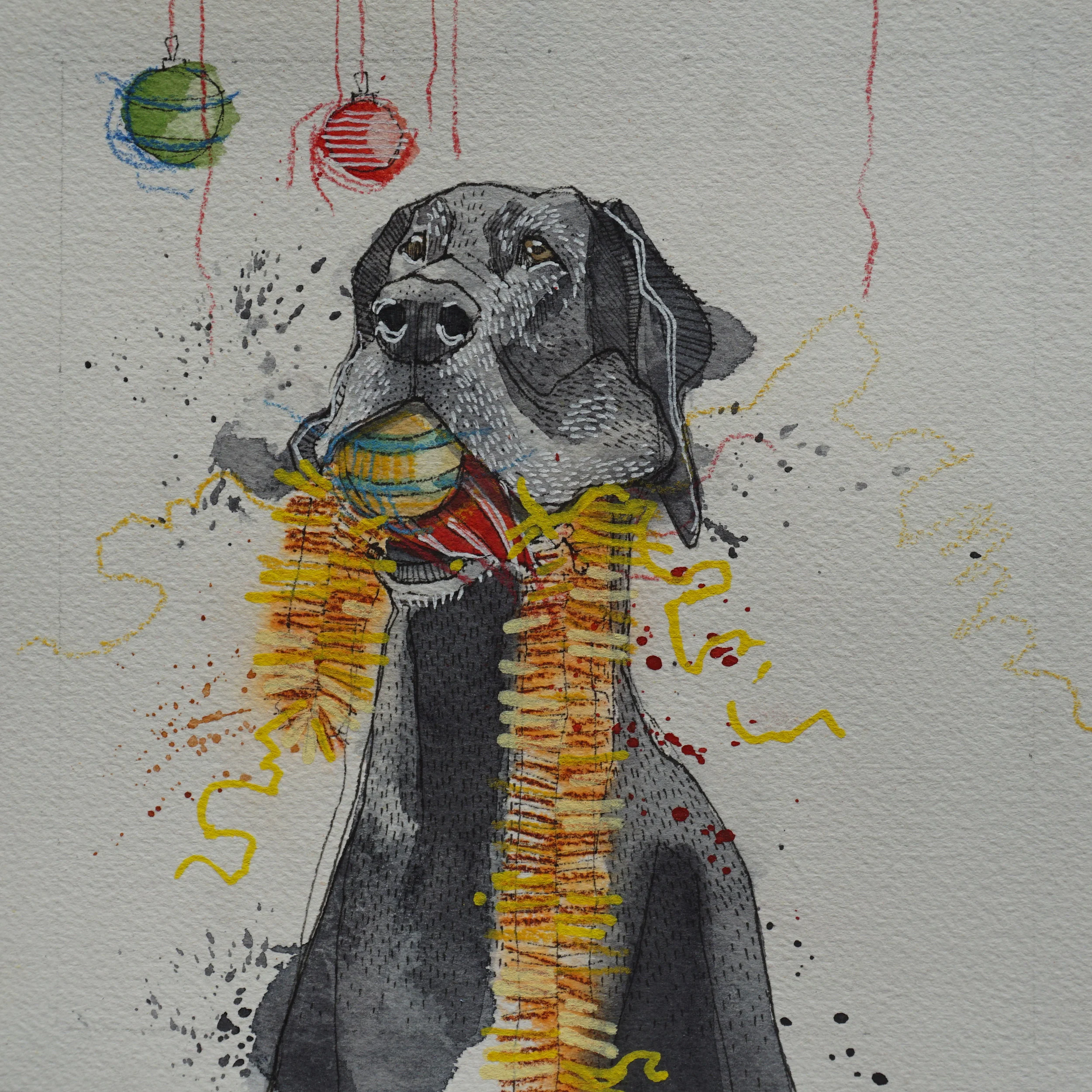 great dane with christmas balls & tinsel in mouth, pen, watercolour, soft pencil crayon & acrylic paint marker on cold pressed paper, 8x8(in), $100 + GST, 2017