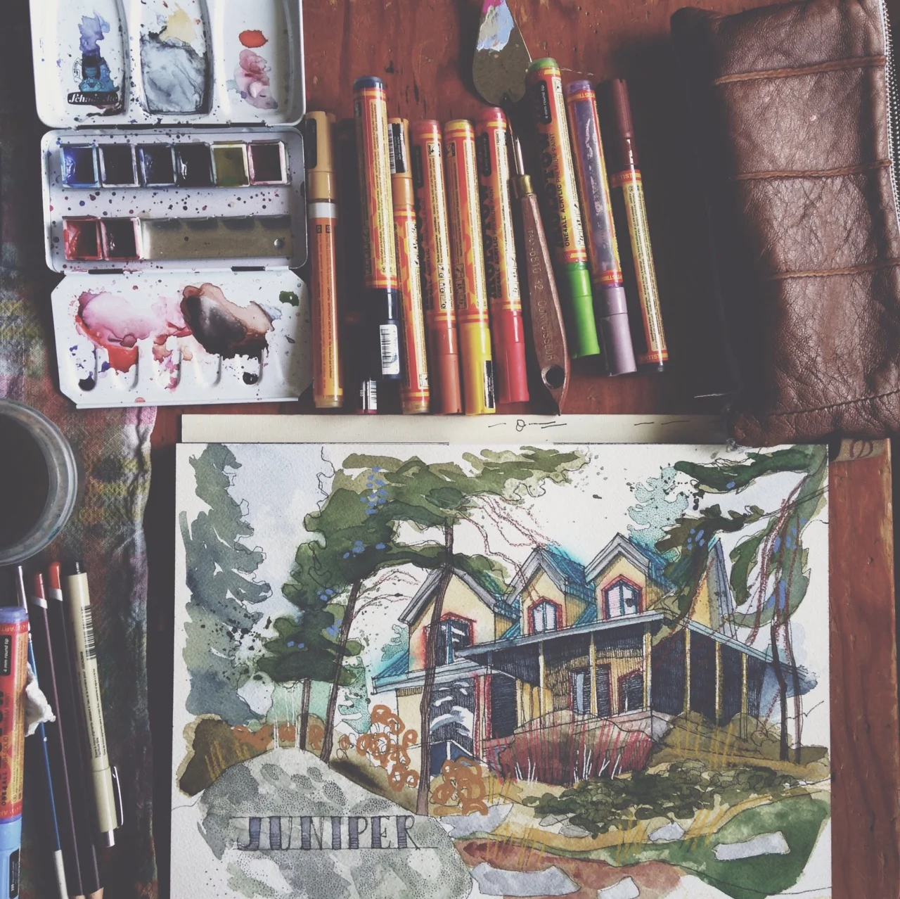juniper, watercolor, pen, soft pencil crayon & acrylic paint marker on cold pressed paper, 9x12(in), 2017