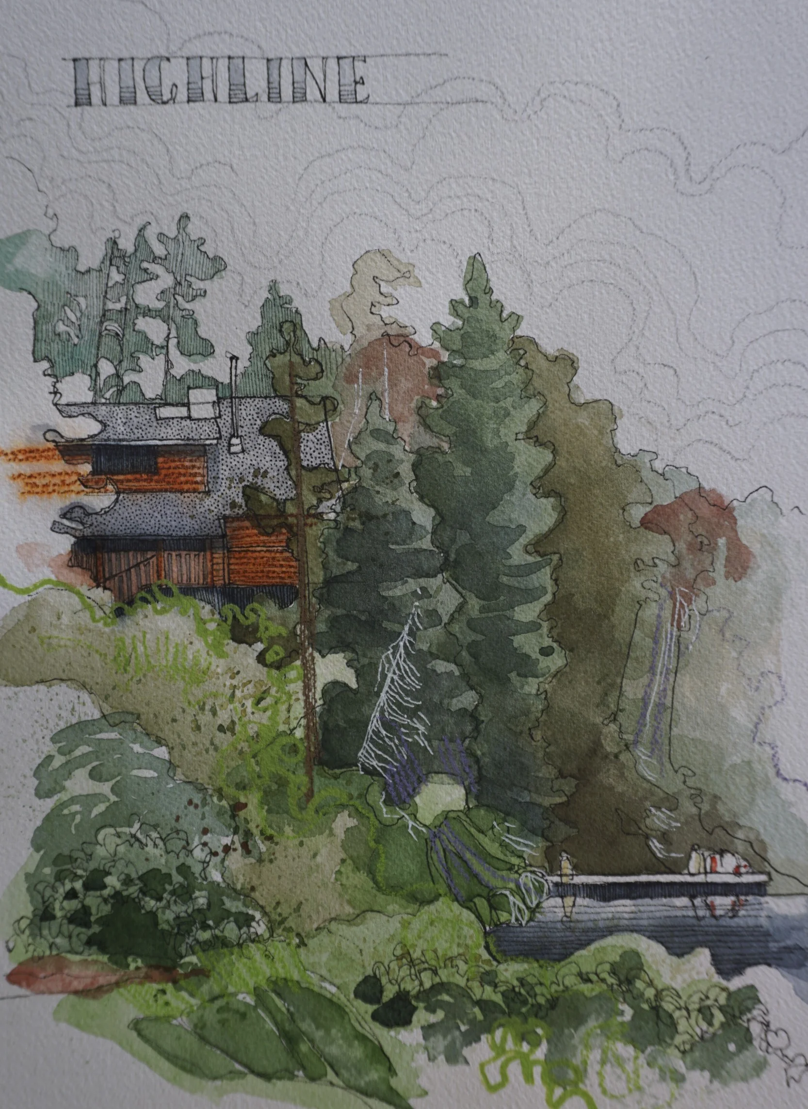 highline, watercolor, pen, soft pencil crayon & acrylic paint marker on cold pressed paper, 9x12(in), 2017