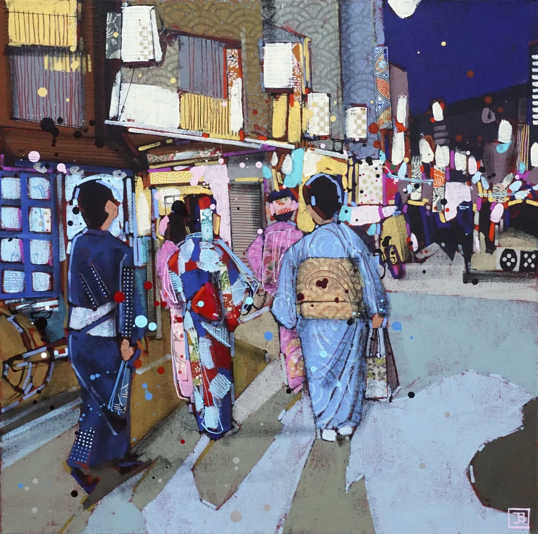 an evening in gion, kyoto, japan, mixed media on canvas, 18x18(in), SOLD, 2018