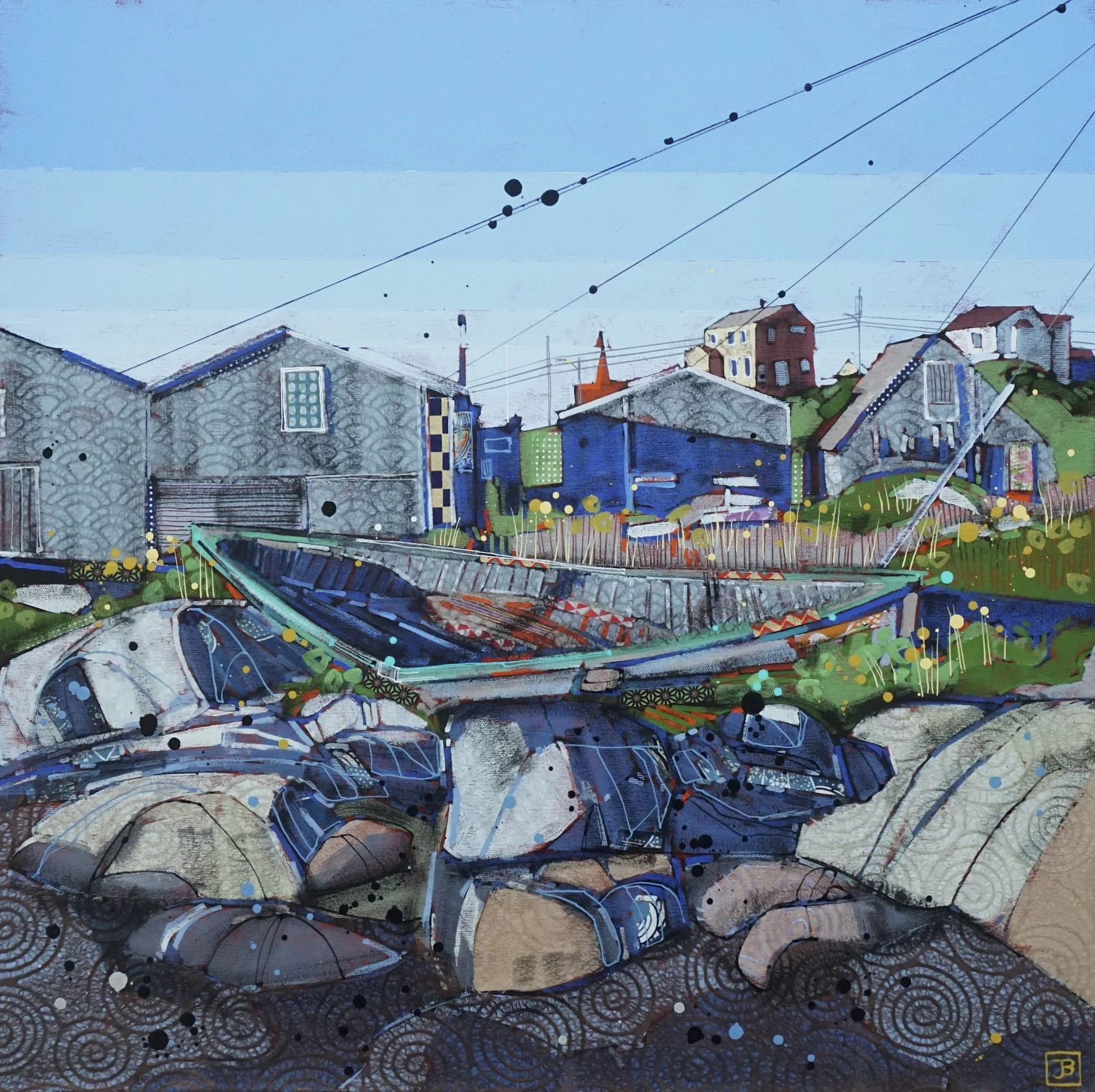 old boat with buildings, peggy's cove, NS, mixed media on canvas, 24x24(in), $1010 + GST, 2018