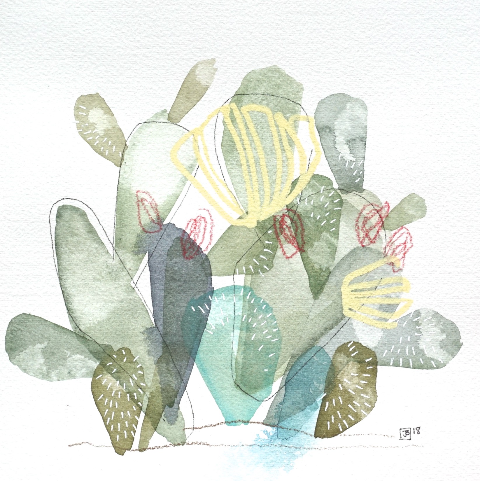 prickly pear I, mixed media on cold pressed paper, 8x8(in), SOLD , 2018