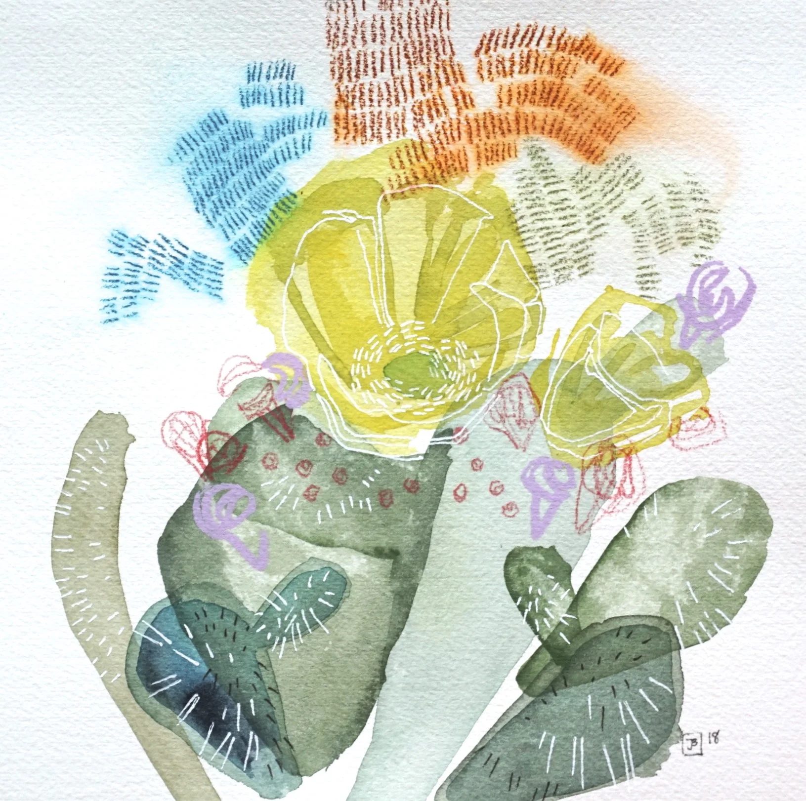 prickly pear II, mixed media on cold pressed paper, 8x8(in), SOLD , 2018