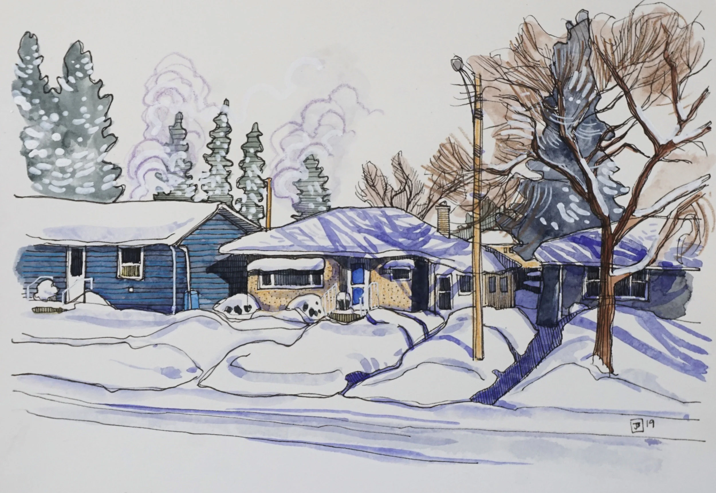 1950’s bungalow, vermilion AB, mixed media on hot pressed paper, 7x10 inches, $100 + GST, 2019