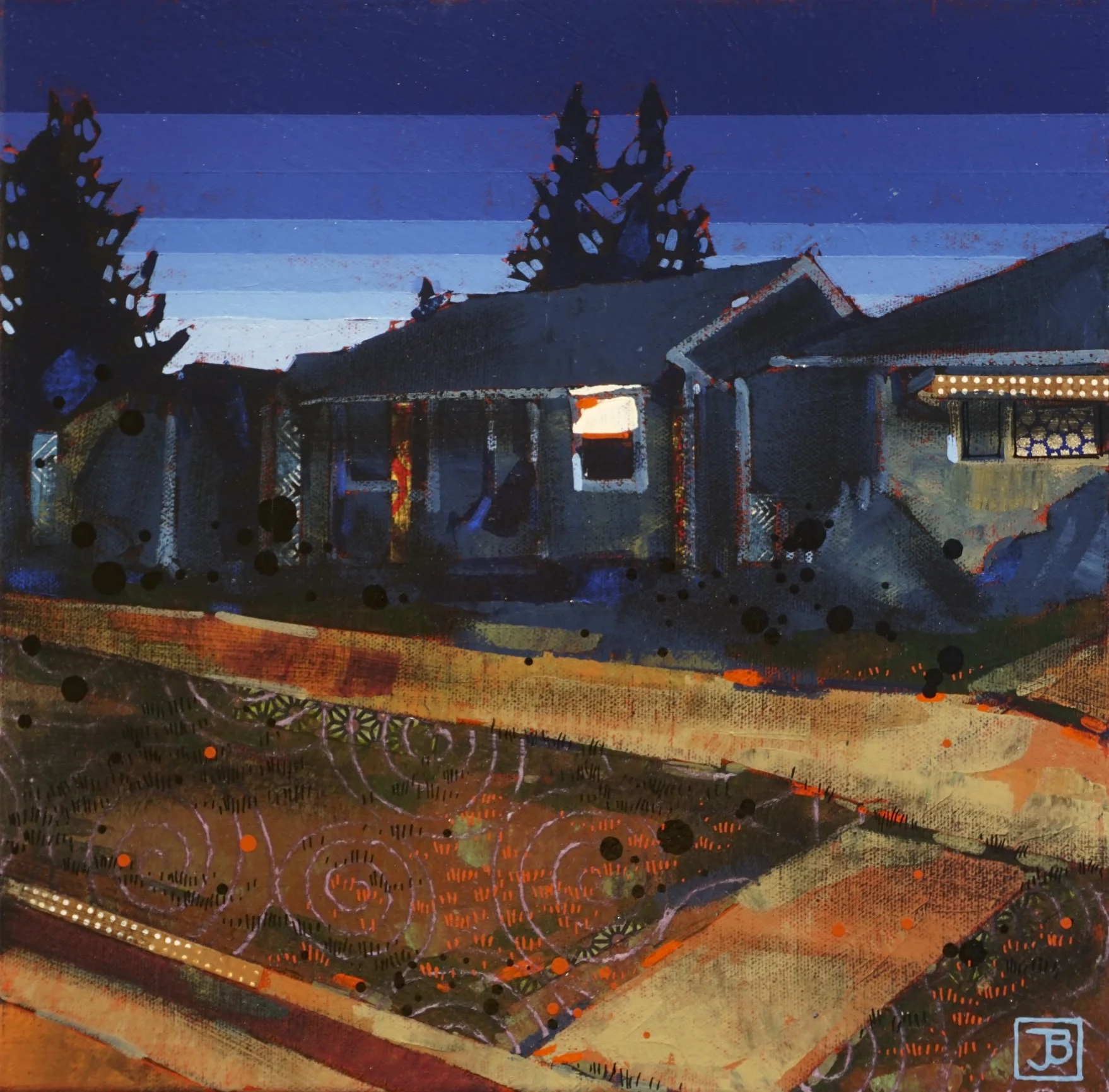 neighborhood watch mixed media on canvas 12” x 12” SOLD