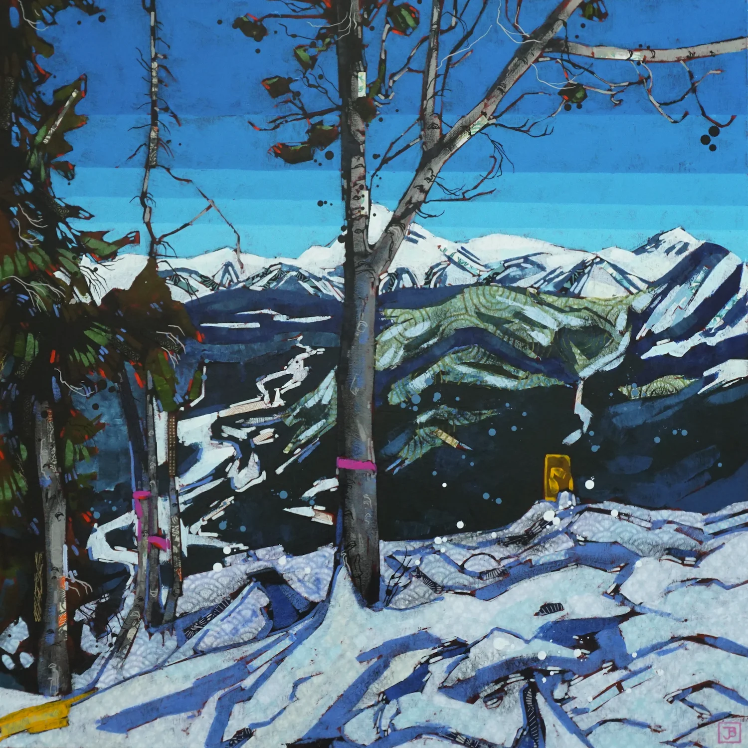 an obstructed view of the bow valley from the top of sulphur mountain, banff national park, ab, mixed media on canvas, 30x30(in), $1800 + GST, 2019