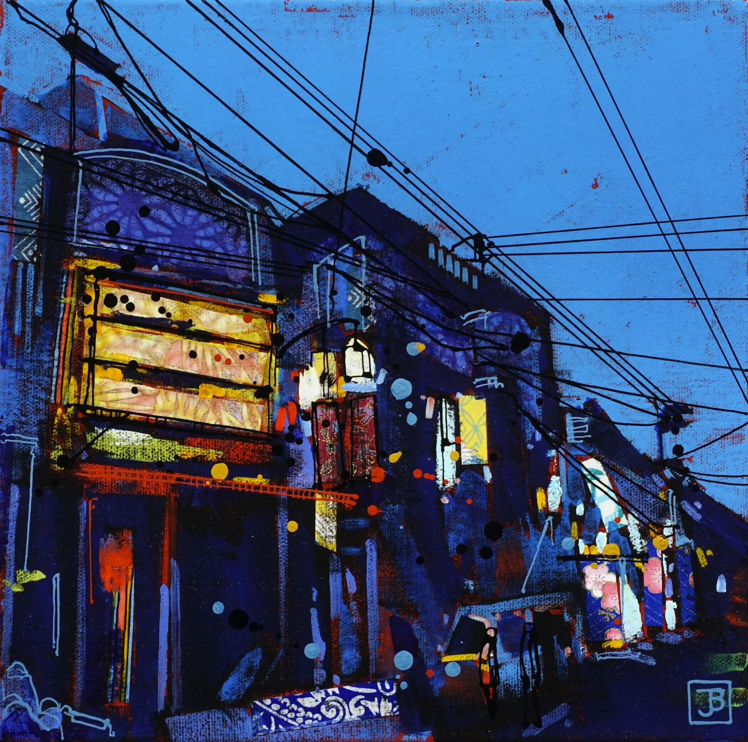a kyoto street at night, japan, mixed media on canvas, 10x10(in), SOLD , 2019