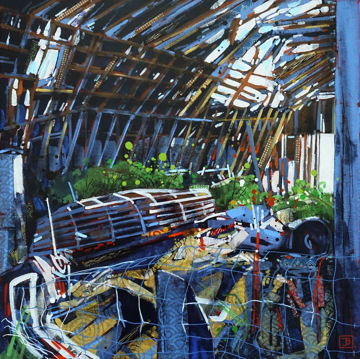 the bare bones II, sointula bc, mixed media on canvas, 20x20(in), $800 + GST, 2019