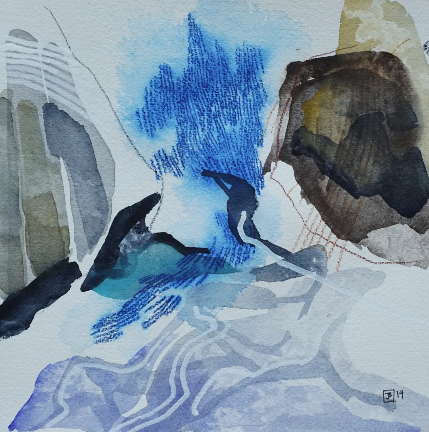 canyon III, johnston canyon, banff national park, mixed media on paper, 8x8(in), $80 + GST, 2019