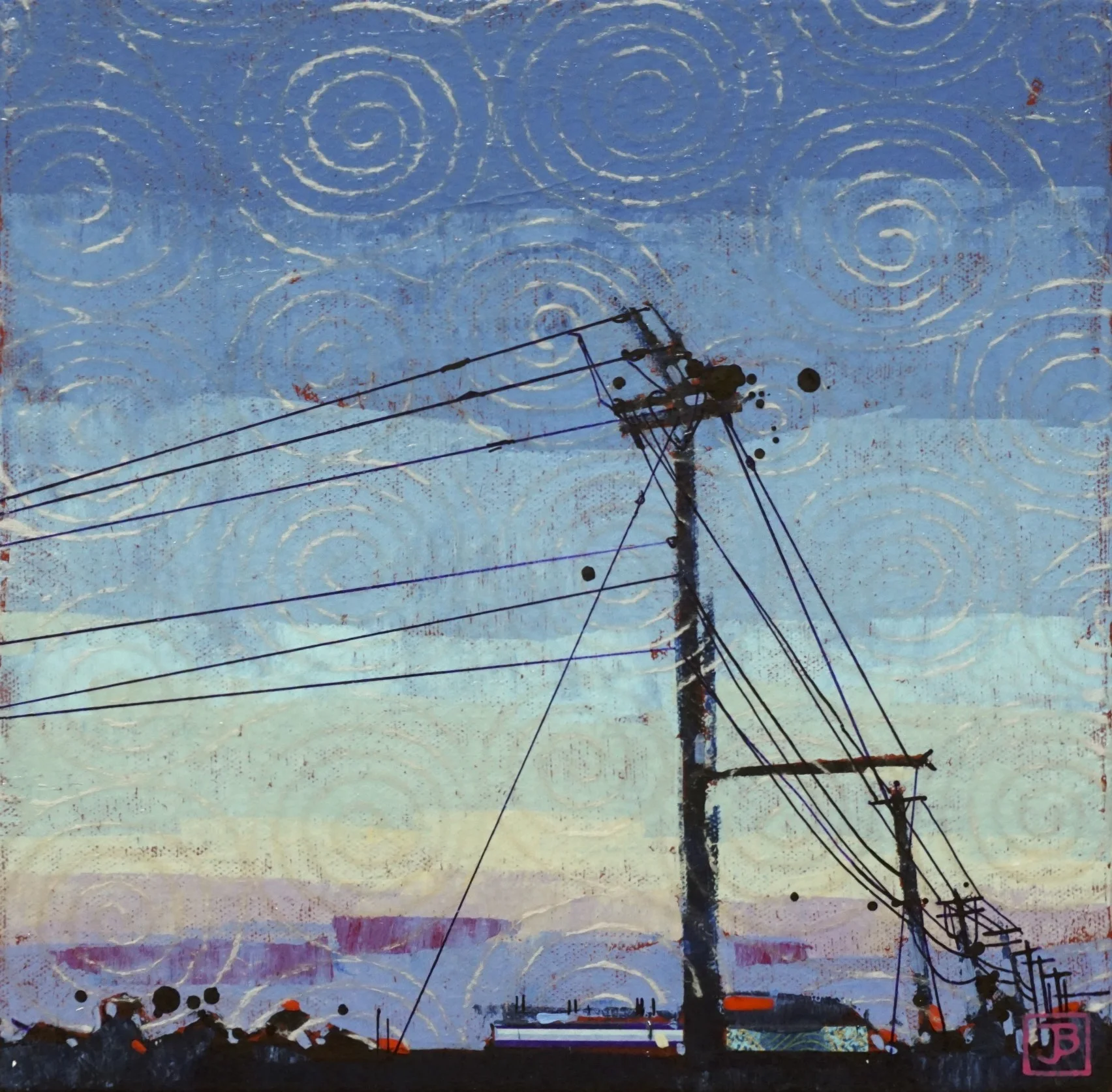 may evening on the road to the farm, mixed media on canvas, 10” x 10”, $200 + GST, 2019