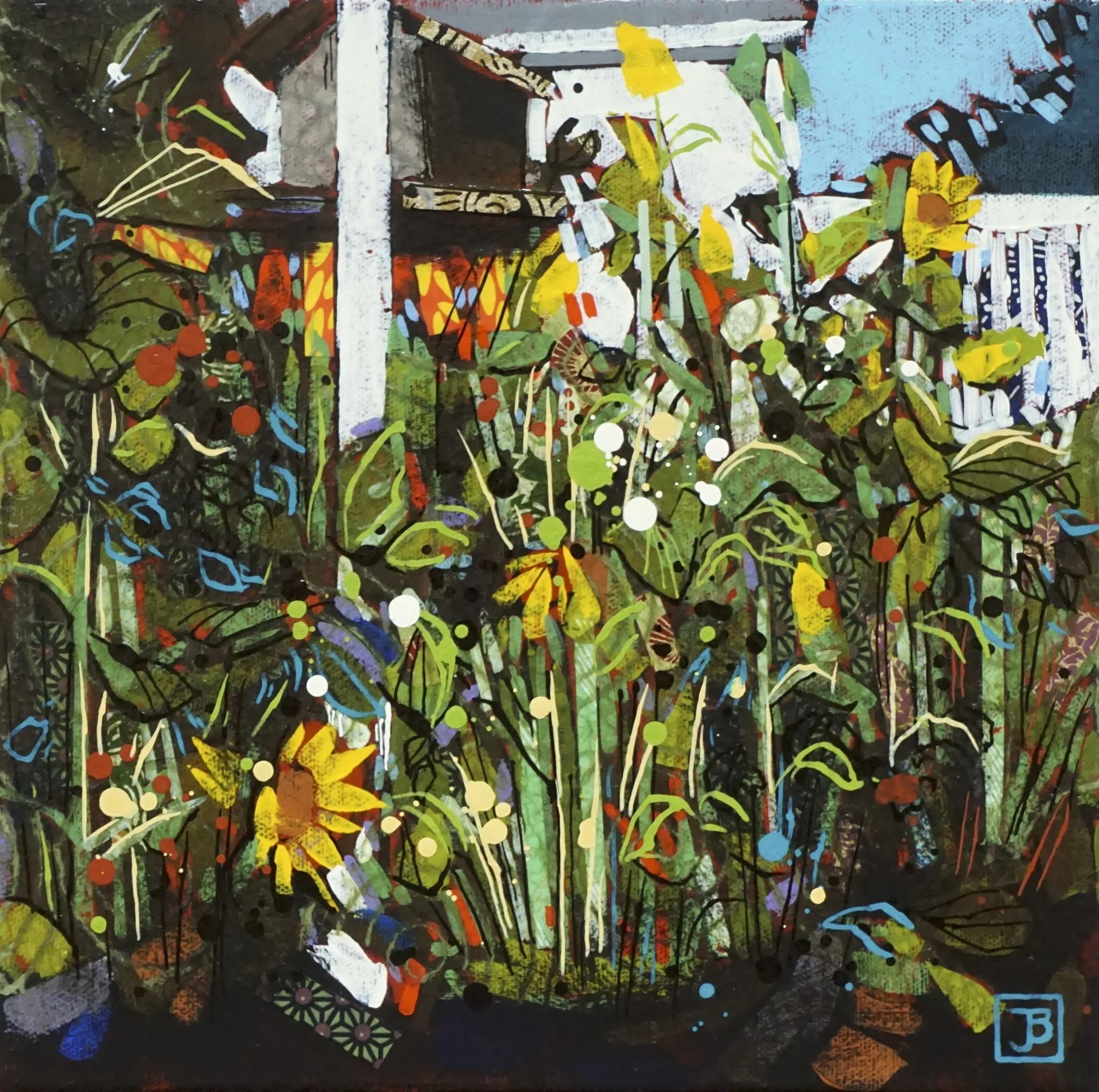 sunflowers under the bird feeder, mixed media on canvas, 10” x 10”, $200 + GST, 2019