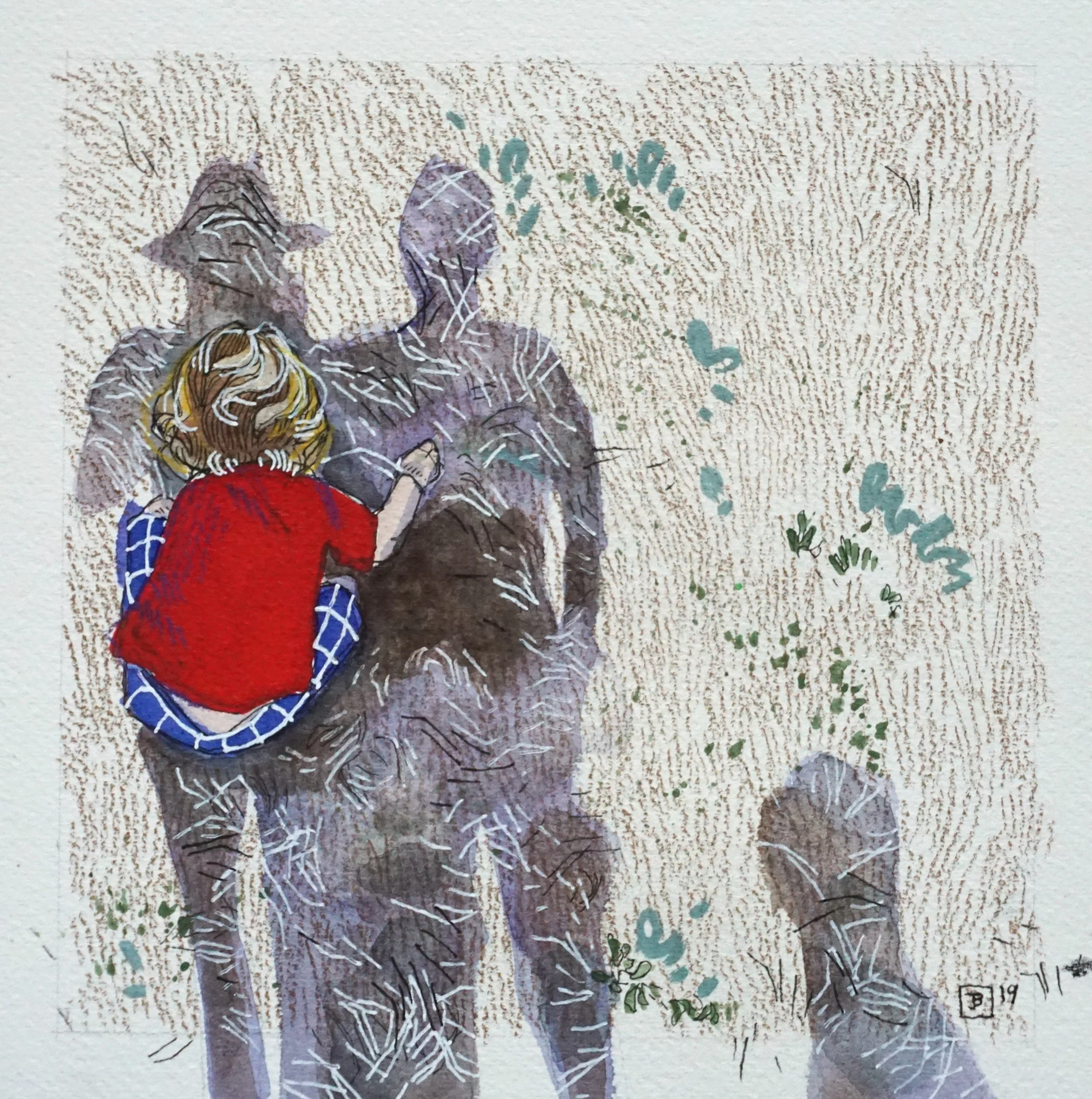 portrait of ollie and his parents, mixed media on cold pressed paper, 8” x 8”, 2019