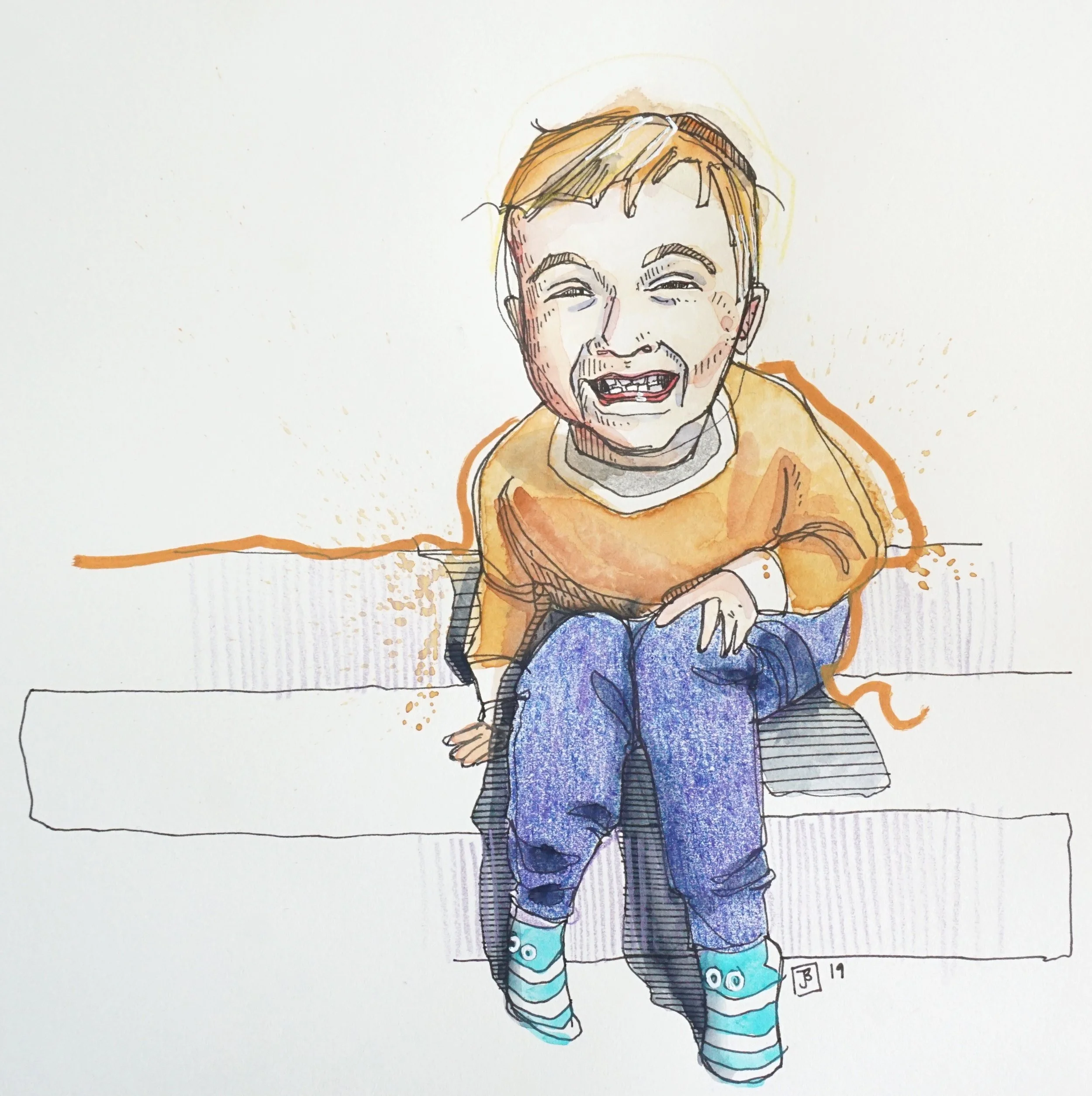 dorian and the really great socks, mixed media on hot pressed paper, 8” x 8”, 2019