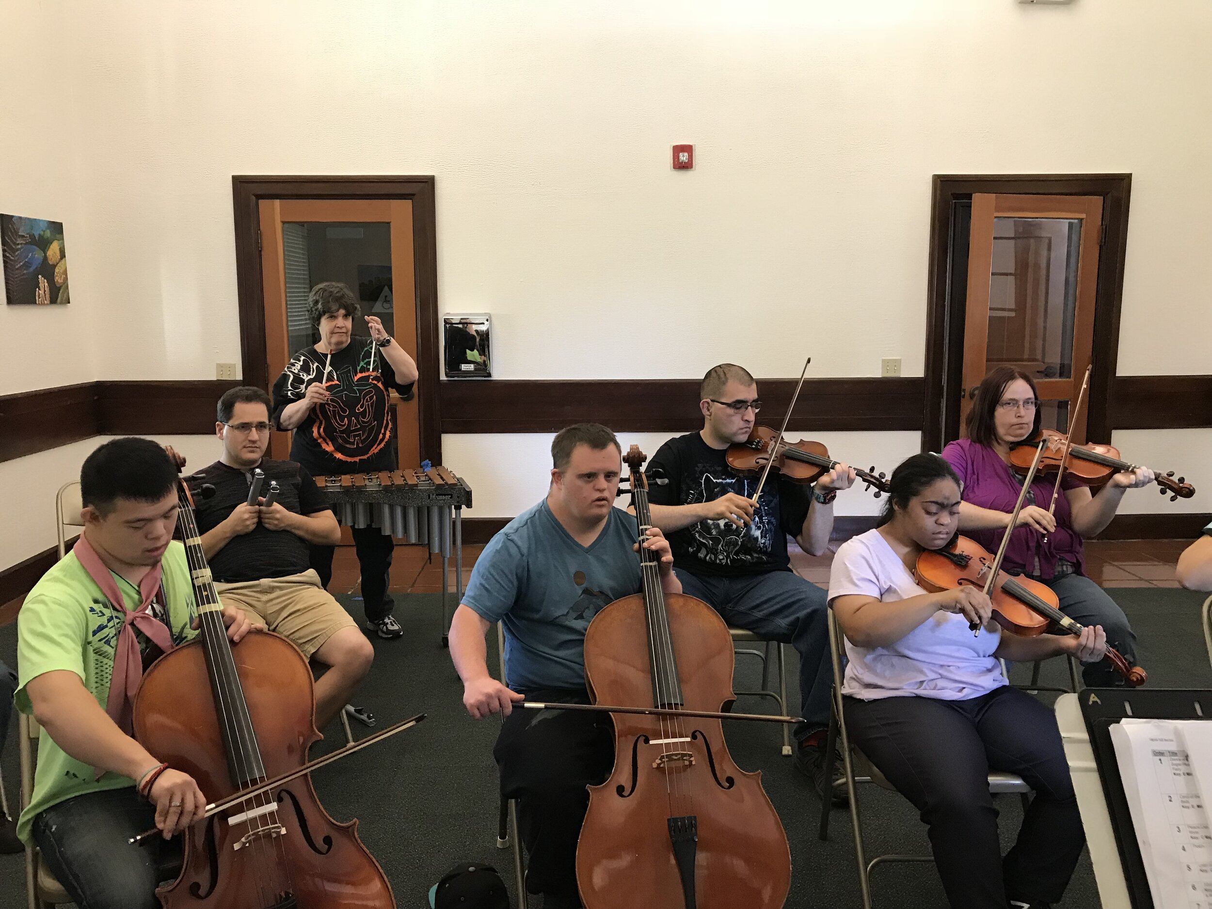 Participants playing in a music ensemble consisting of violins, cellos, xylophones, and the triangle.