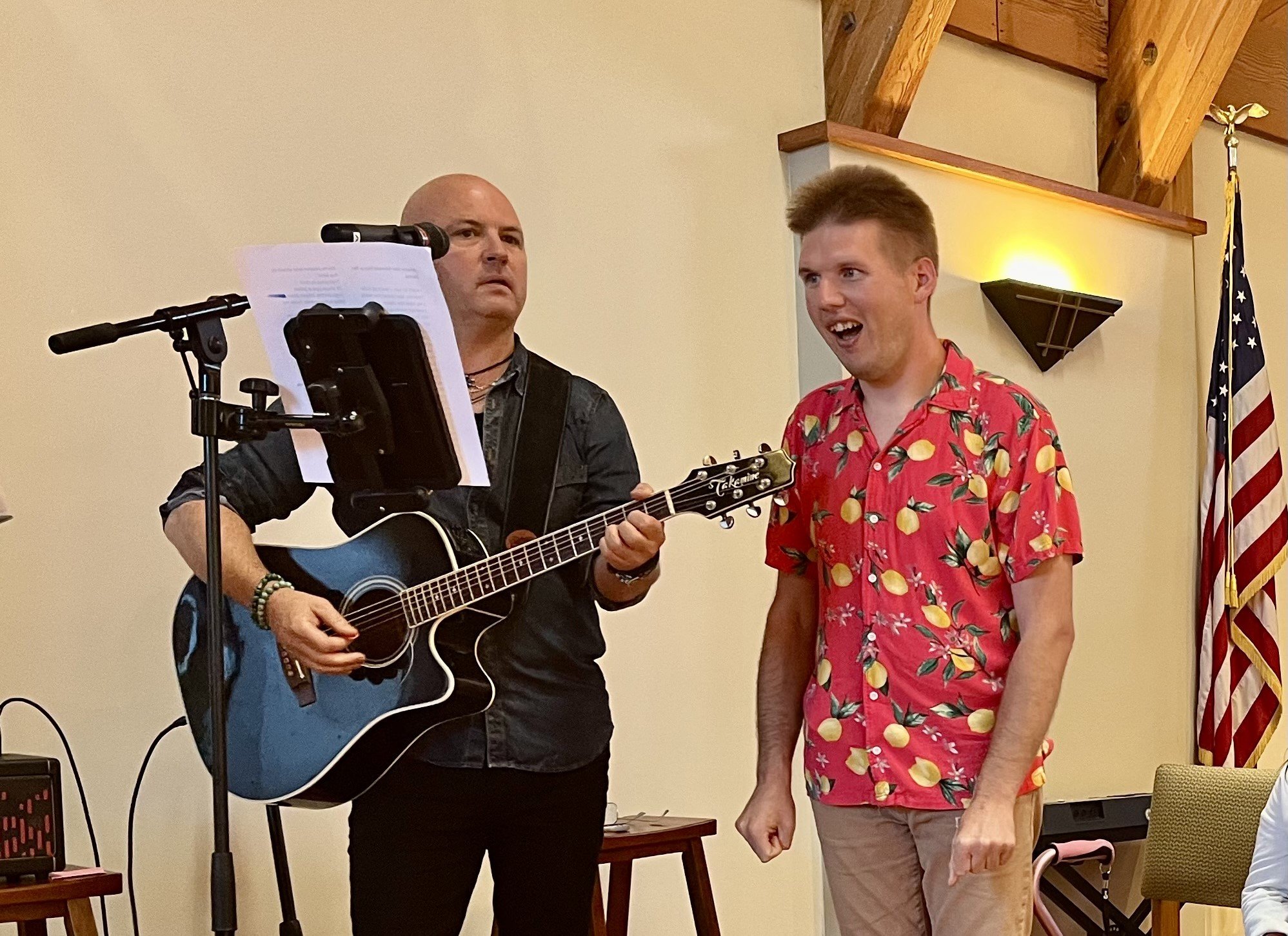  Laguna Beach participant, Spencer and music instructor, Steve performing together at the 2023 Fall Recital and Art Boutique, in the St. Mary’s sanctuary hall. 
