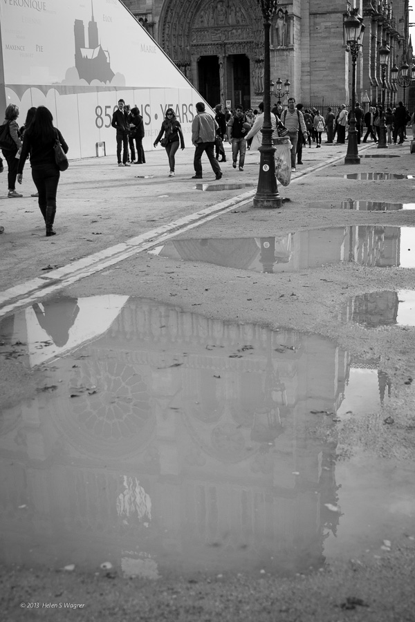 Using a reflection was one way to view the front facade of Notre Dame in Paris.