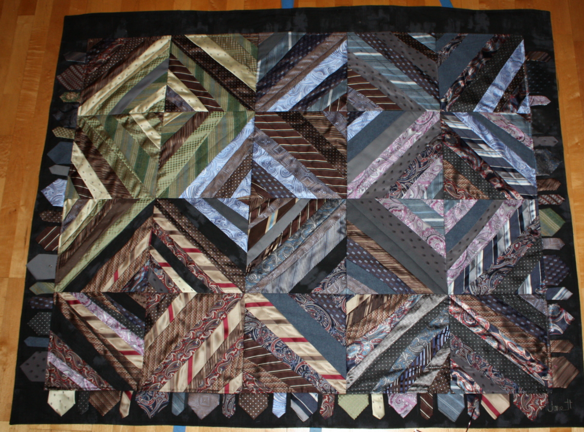 Necktie quilt made using about 45 ties