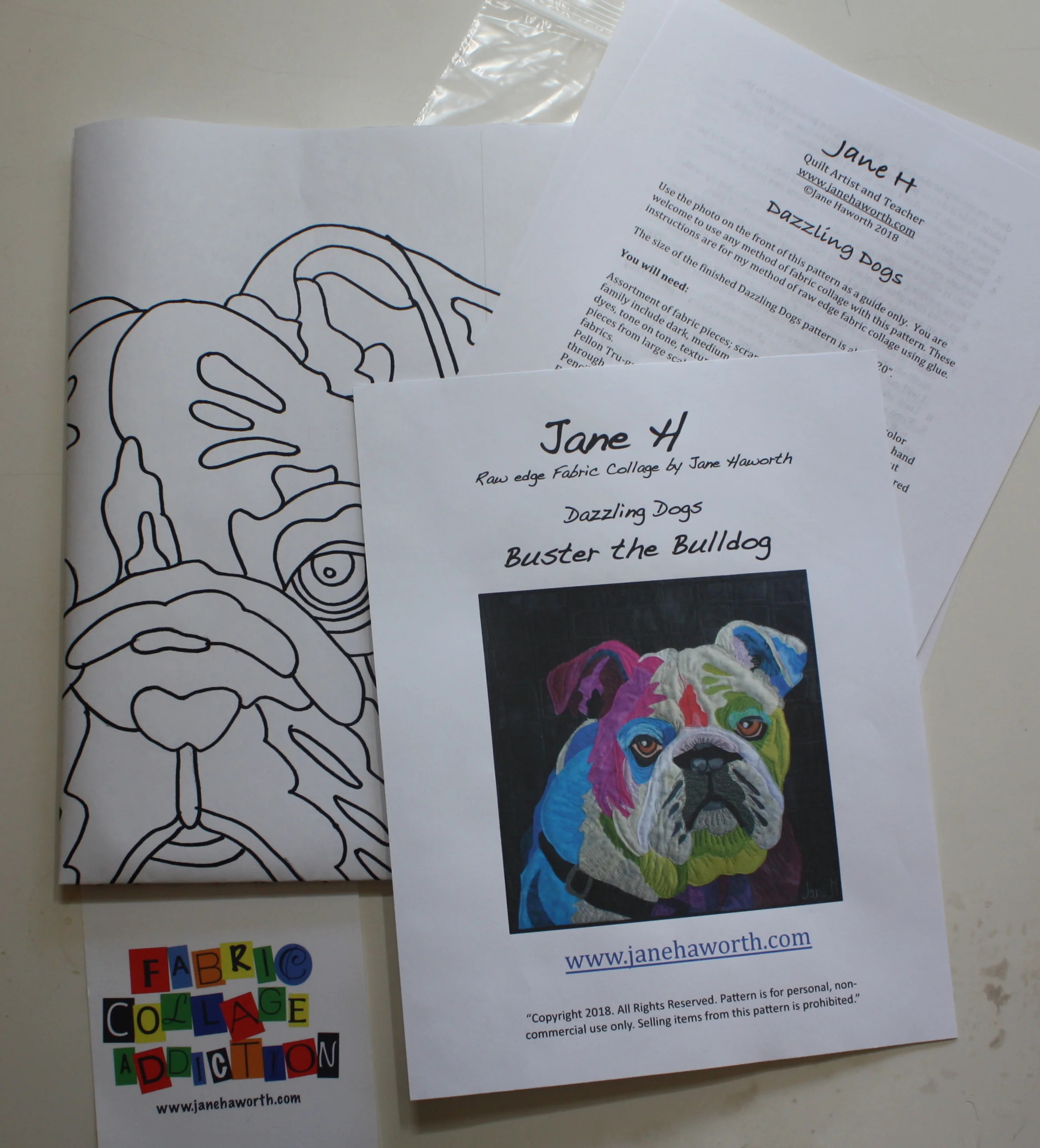 Bulldog fabric collage kit by janehaworth.com