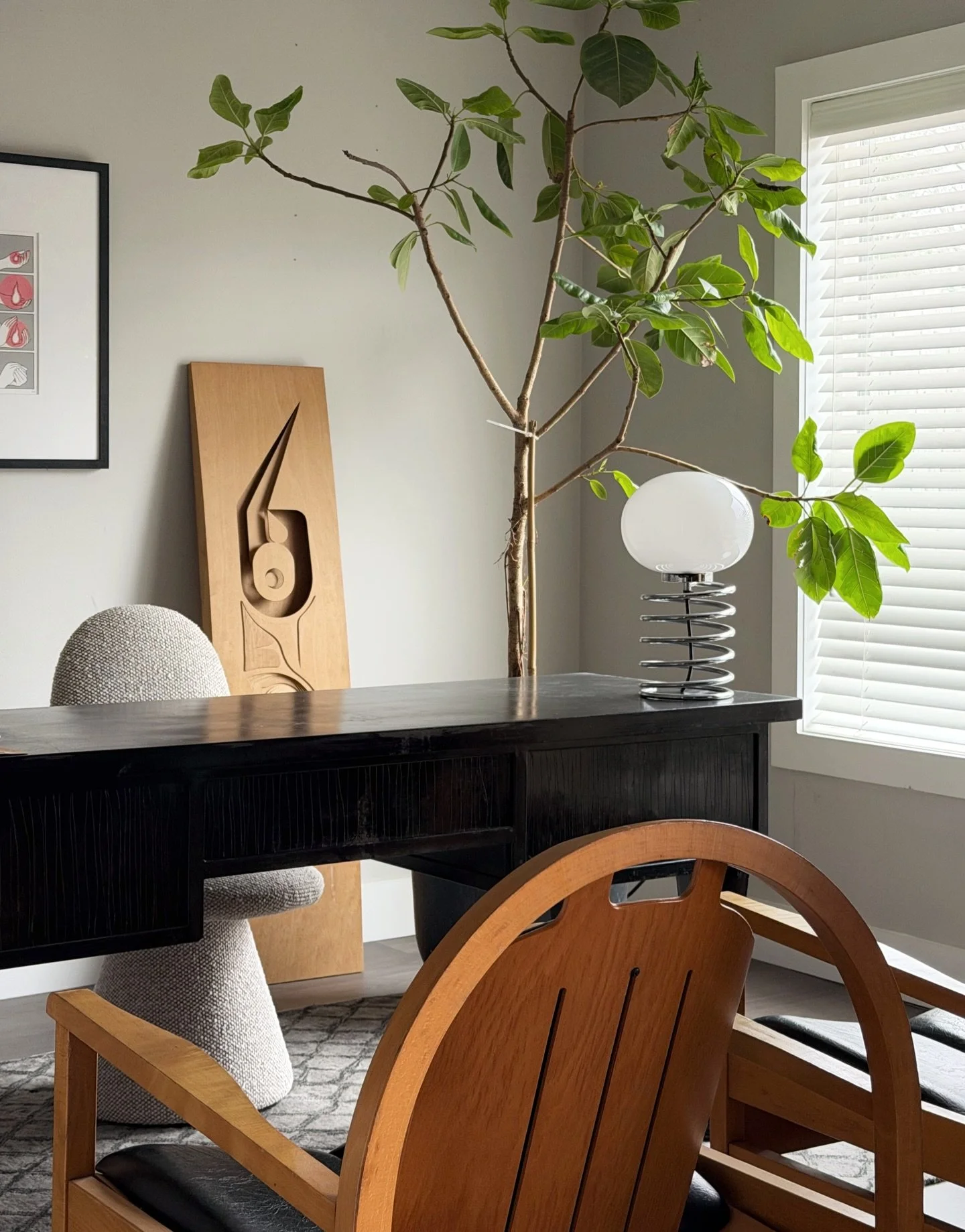 Home office is shaping up nicely&hellip; a pair of Baumann chairs in beech, a favorite Ingo Maurer lamp, steel and concrete faux bois desk @jointdetail, and a @treethingsaustin altissima for the finishing touch.