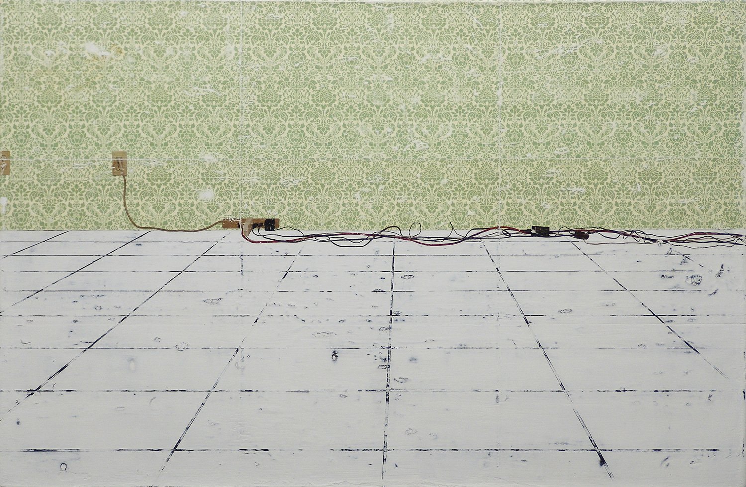 Hollis Brown Thornton painting of an empty interior with green patterned wallpaper, a worn white tiled floor, and tangled electrical cords running along the base of the wall.