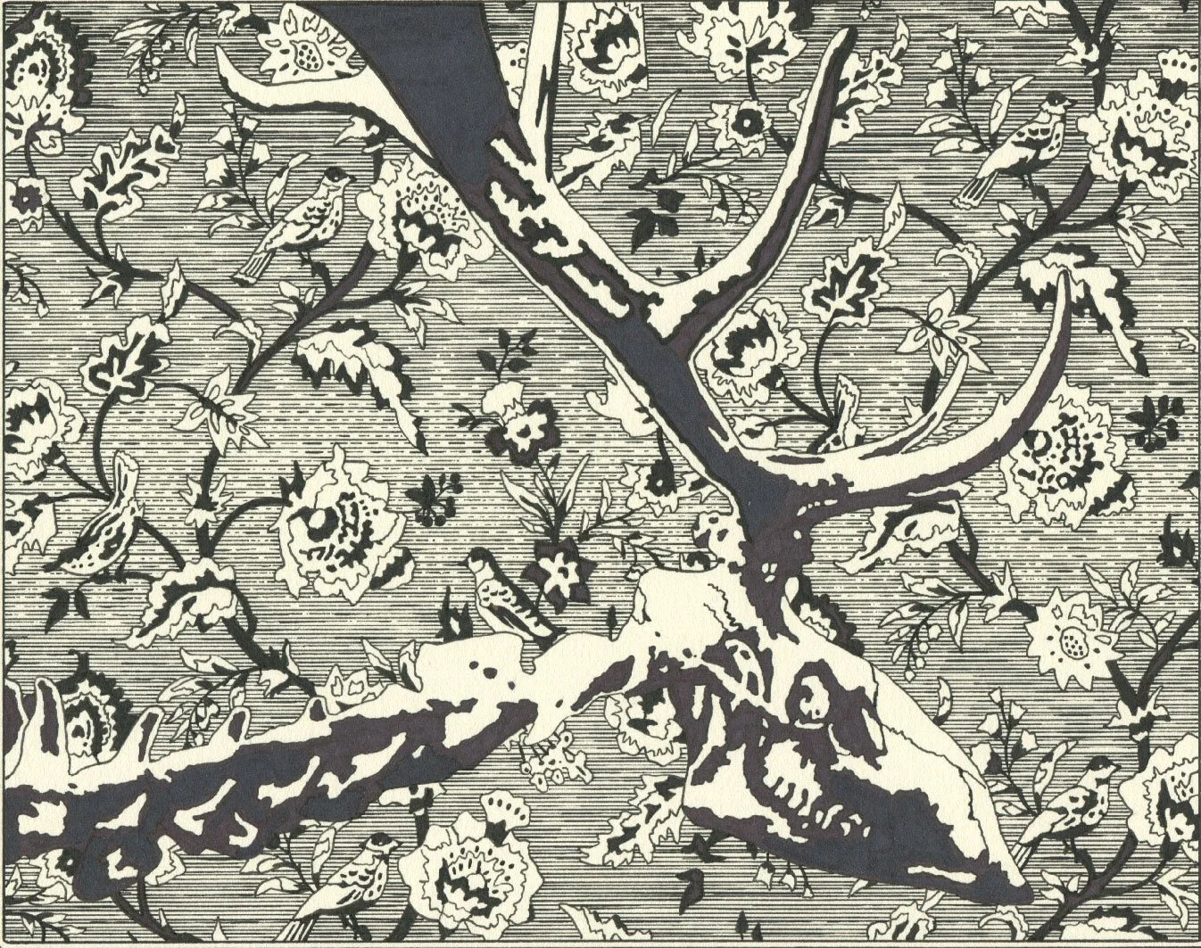 Permanent marker drawing by Hollis Brown Thornton depicting a deer skull with antlers emerging among a dense pattern of flowers, birds, branches, and foliage.