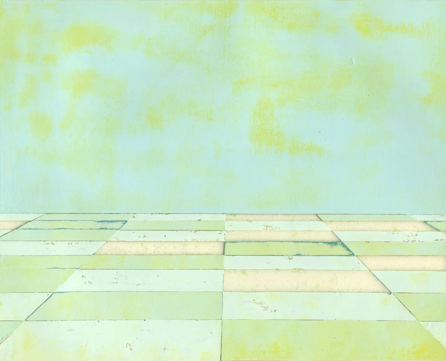 Hollis Brown Thornton painting of an empty interior with a pale blue-green wall and a worn geometric tiled floor receding into the distance.
