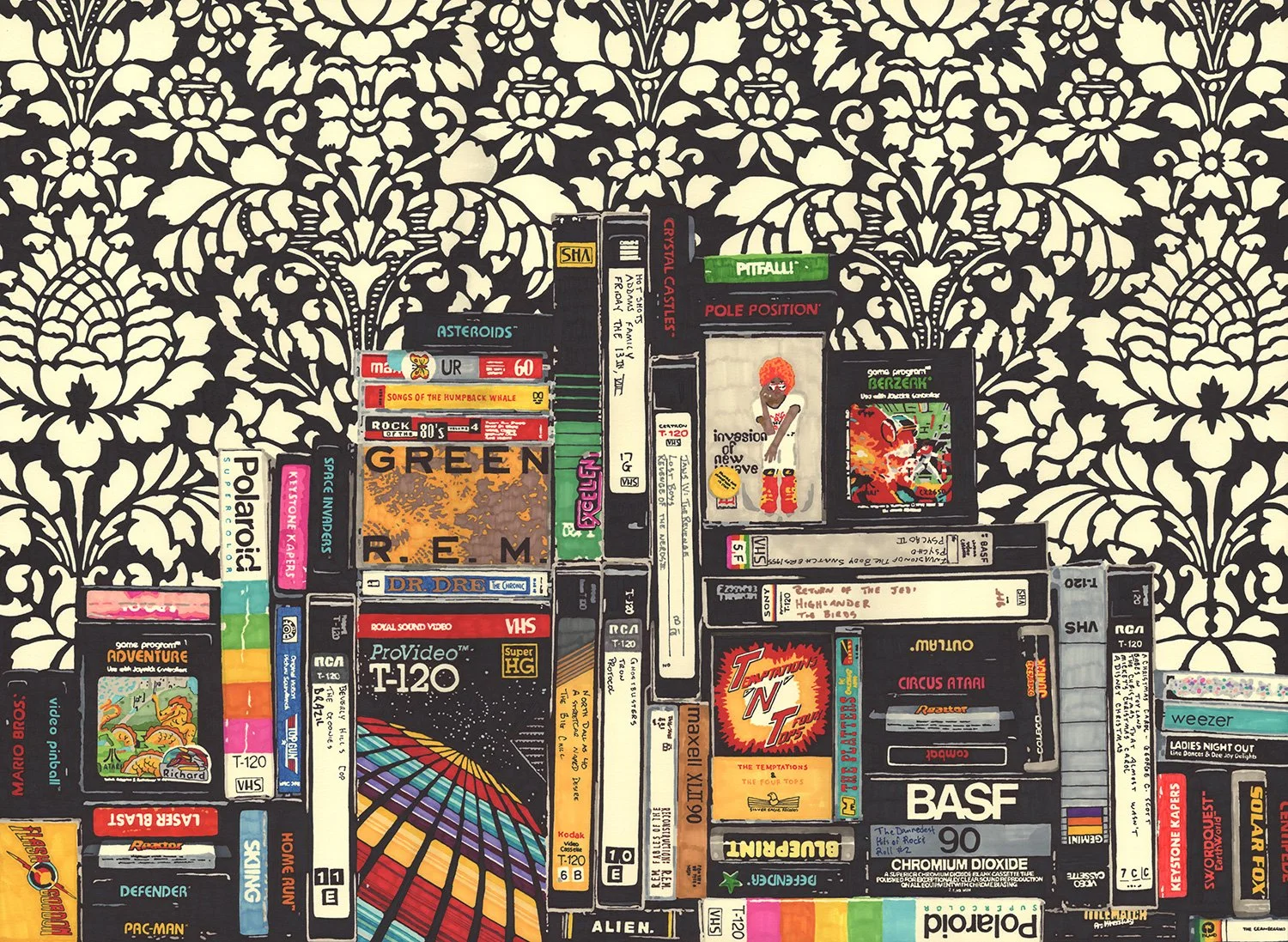 Permanent marker drawing of a large collection of VHS tapes, cassette tapes, and video game cartridges stacked against black-and-white floral wallpaper.