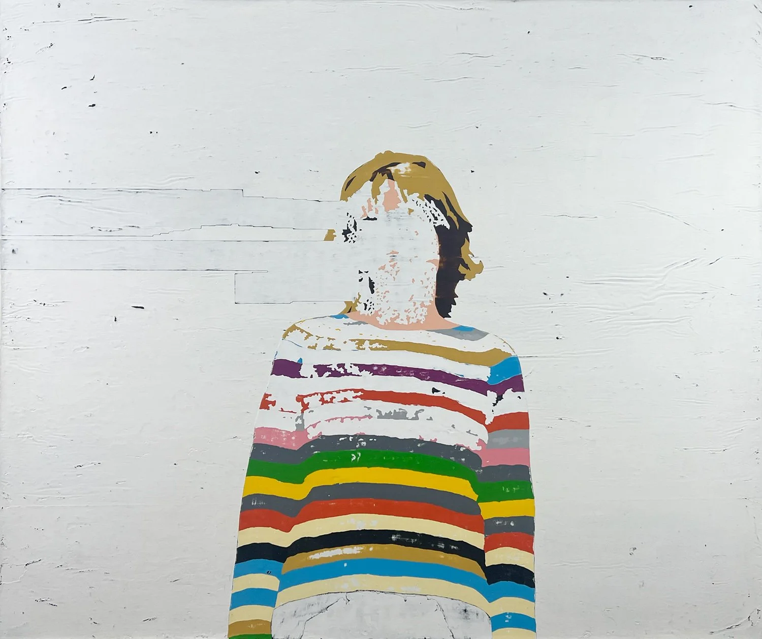 Hollis Brown Thornton painting of an erased child wearing a brightly colored striped sweater against a textured white background.