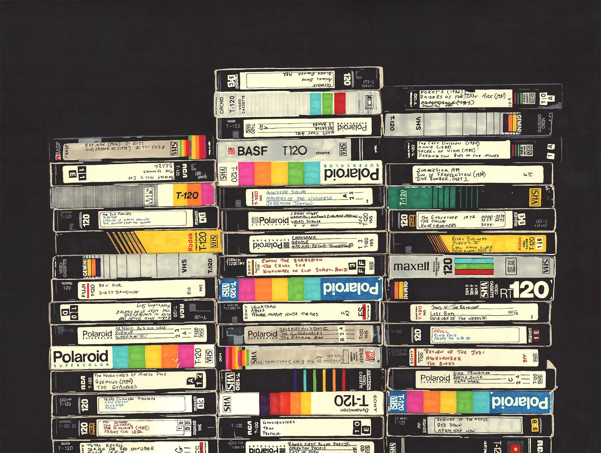 Permanent marker drawing of stacked VHS tapes with handwritten labels and colorful packaging details on a black background.