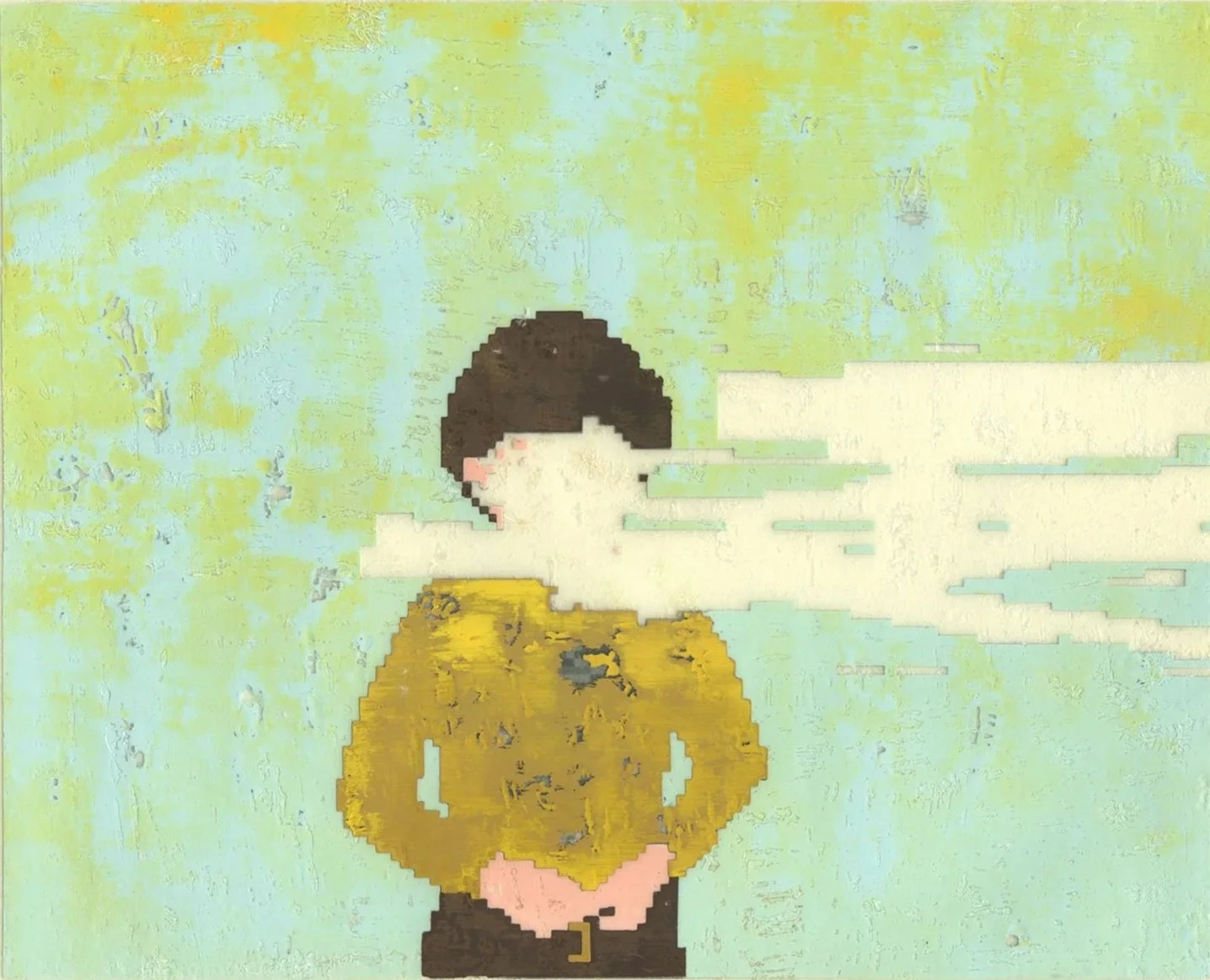 Pixel art-style image of a character with brown hair holding a yellow football against a pastel yellow and blue abstract background.