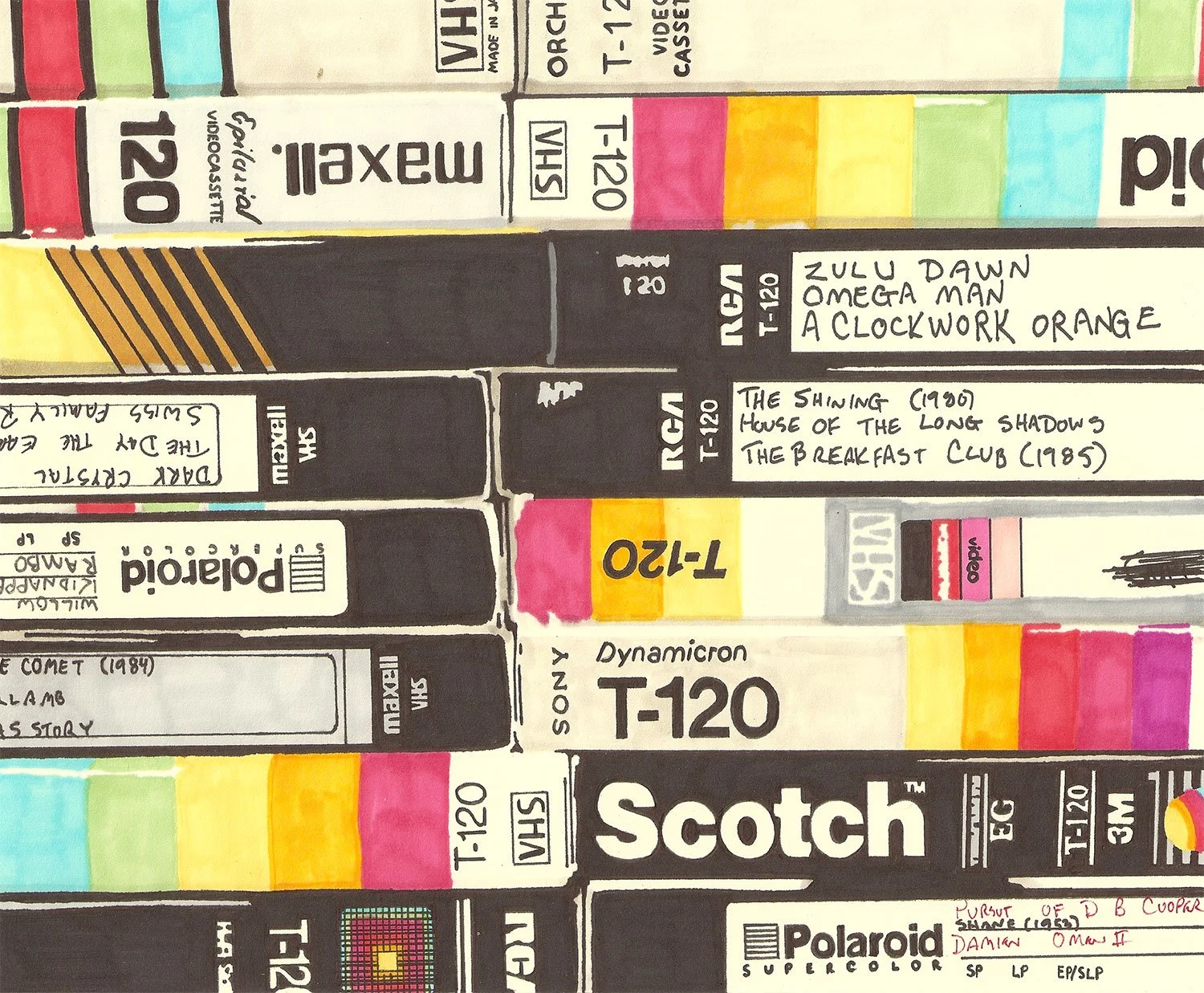 Permanent marker drawing of tightly arranged VHS tape spines with handwritten movie titles, brand labels, and bands of pink, yellow, green, and blue.