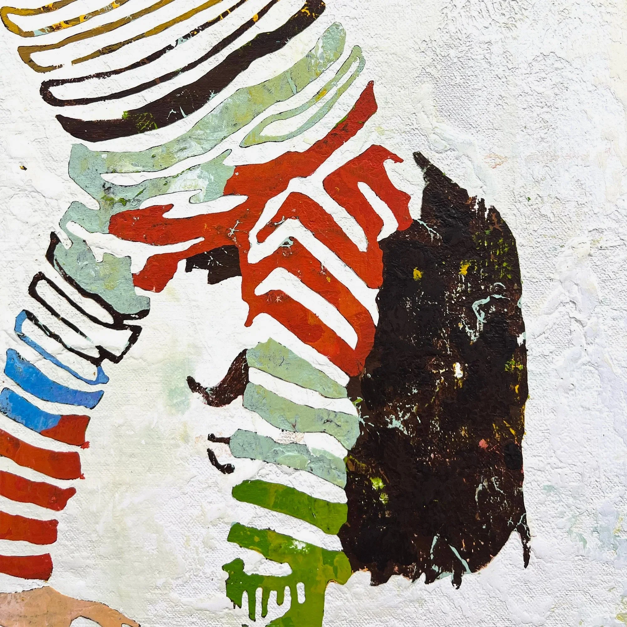 Detail of the painting showing the figure’s head, striped clothing, and layered, distressed paint surface in red, green, blue, brown, and white.
