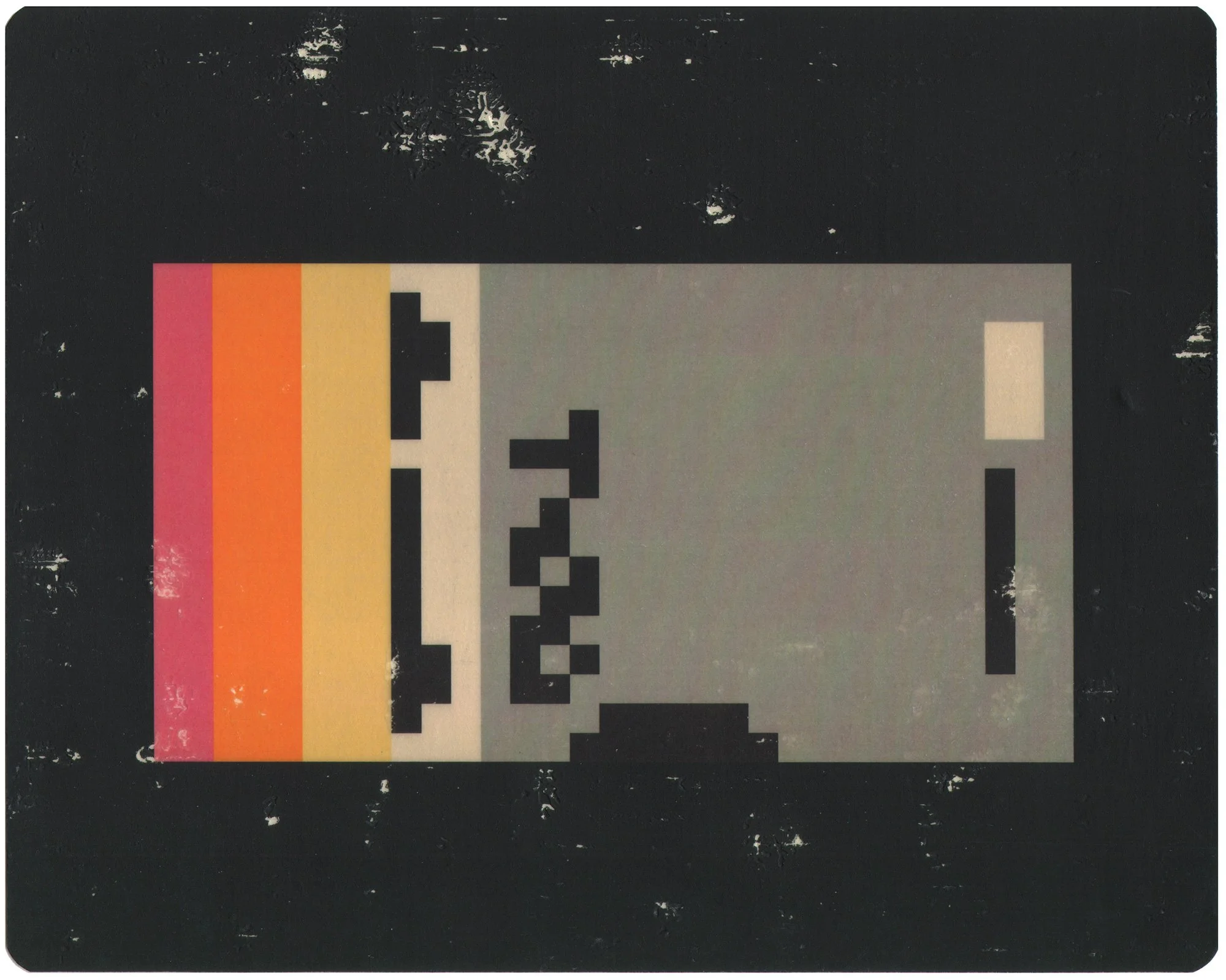 Pigment transfer depicting a simplified VHS tape label with pink, orange, and yellow color bars, gray fields, and black geometric details against a distressed black background.