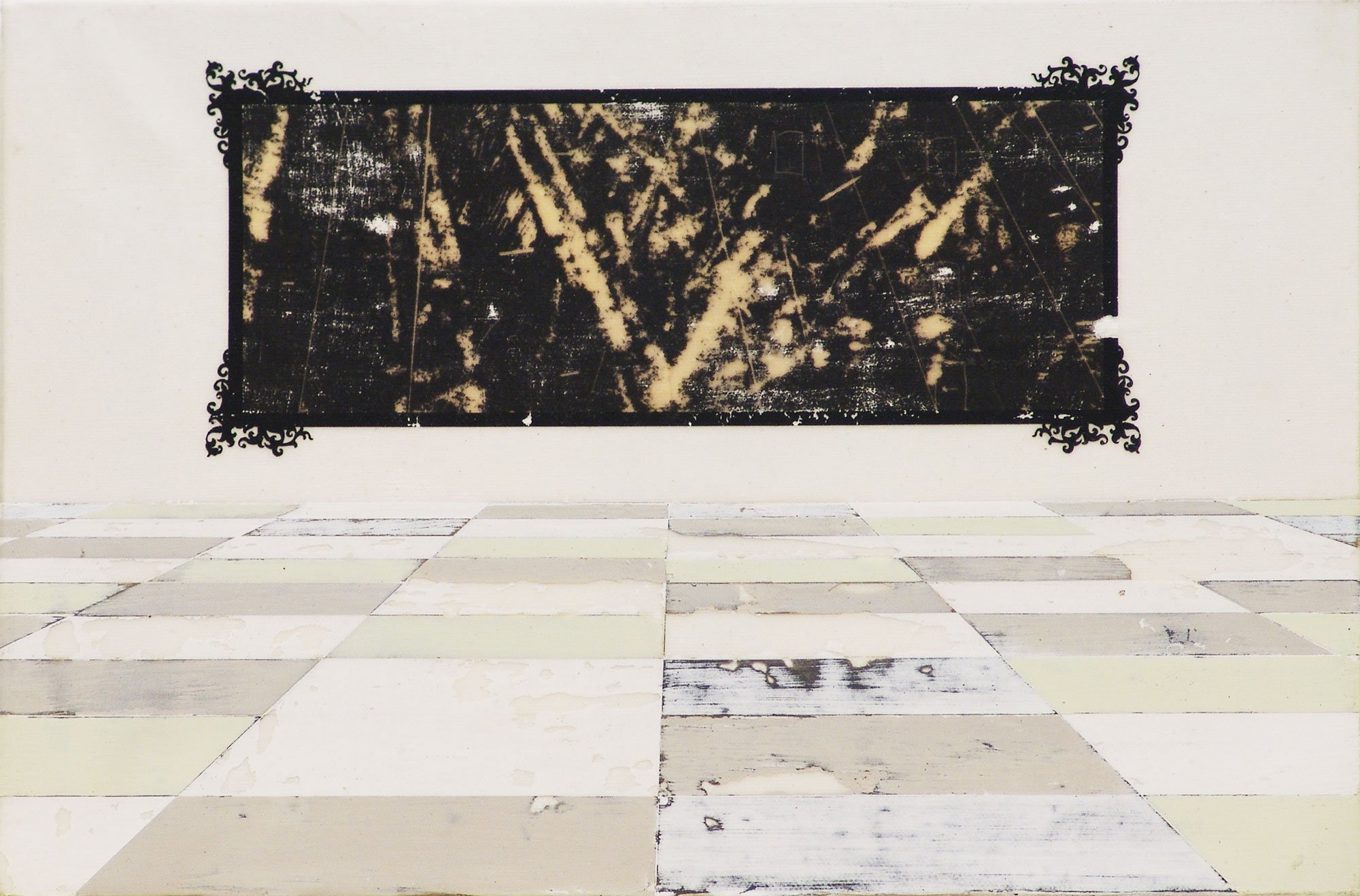  Pinwände und Elektrizität Auf dem Rücken der Riesenschildkröte  — acrylic, pigment transfer on canvas, 10 x 15 inches, 2008