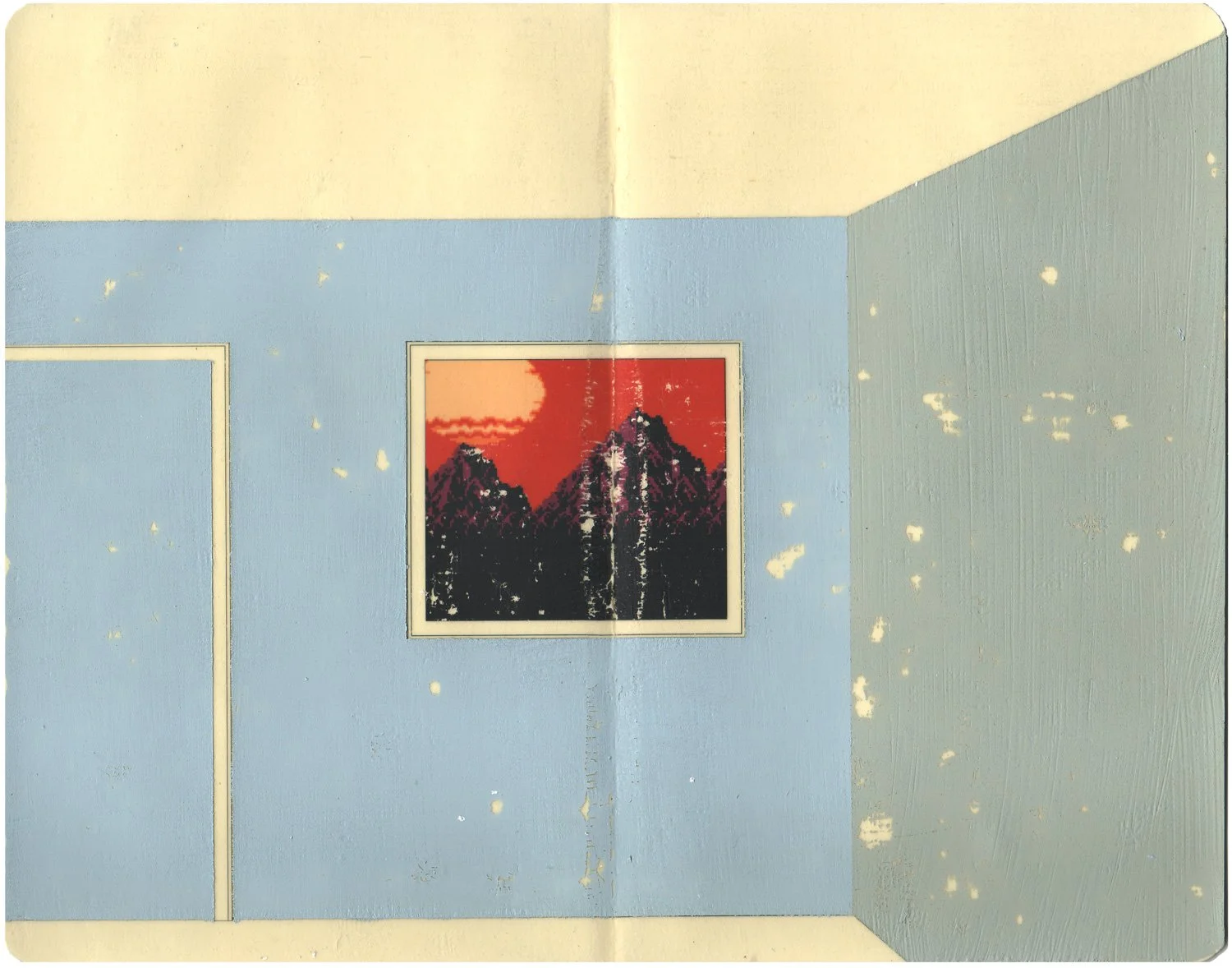 Hollis Brown Thornton painting of an empty blue interior with a doorway and a framed image of a mountainous landscape beneath a red sky.