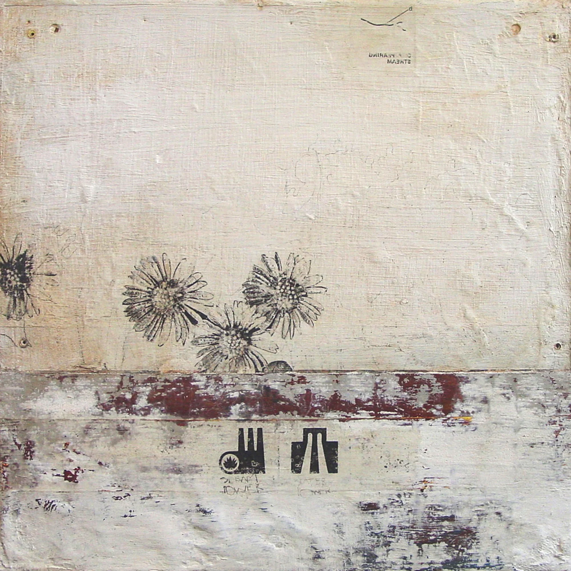  The Stream Operators  — acrylic, graphite, pigment transfer on canvas, 10 x 10 inches, 2001