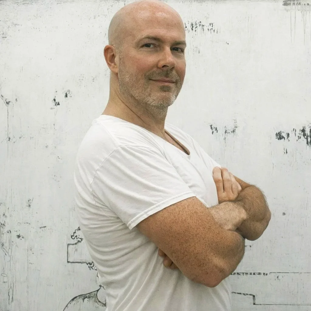 A photograph of Hollis Brown Thornton wearing a white t-shirt, standing with arms crossed in front of a white wall with black smudges and faint outlines of a drawing.