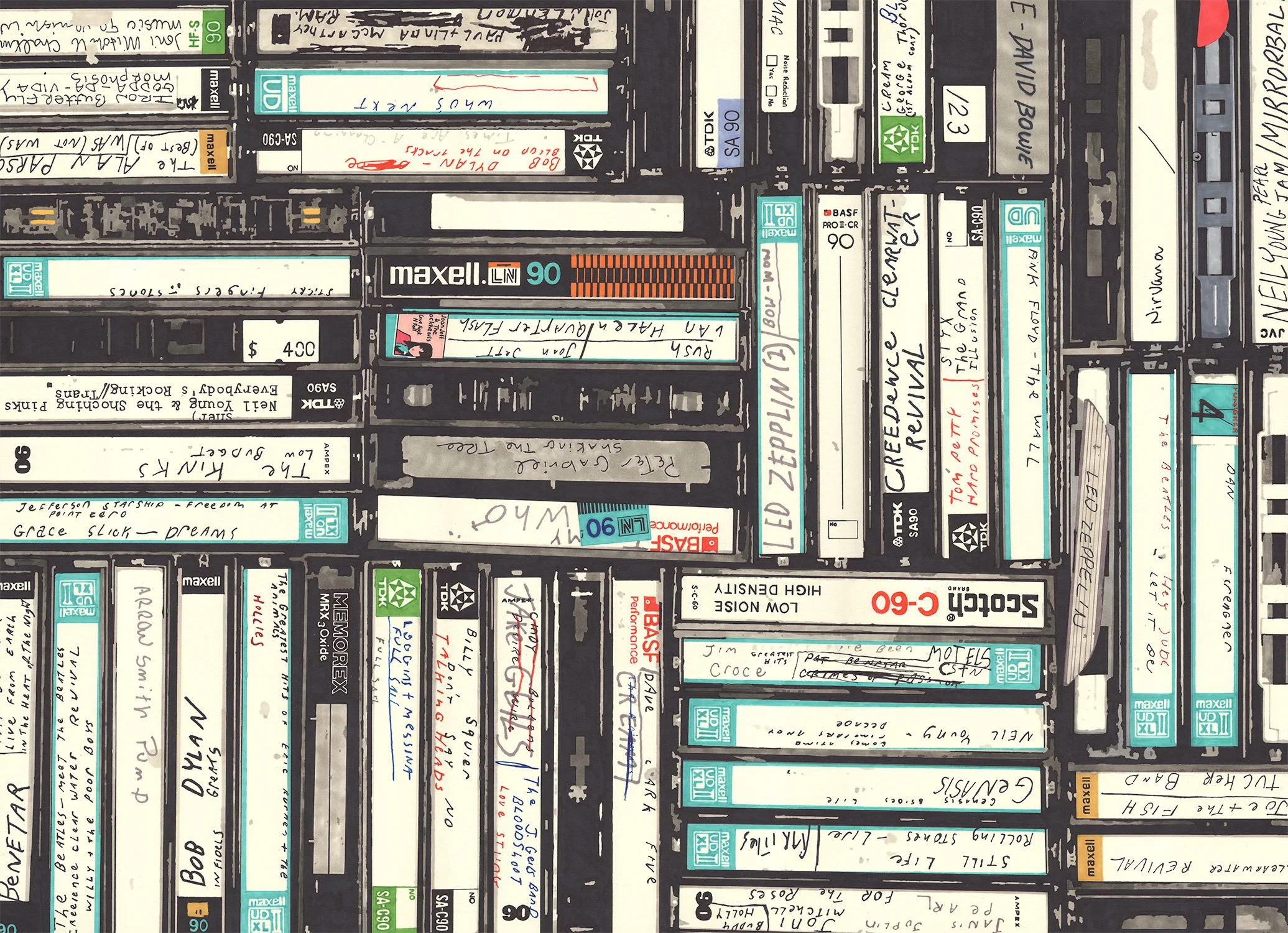  Cassettes  — permanent marker on paper, 23 x 30 inches, 2018