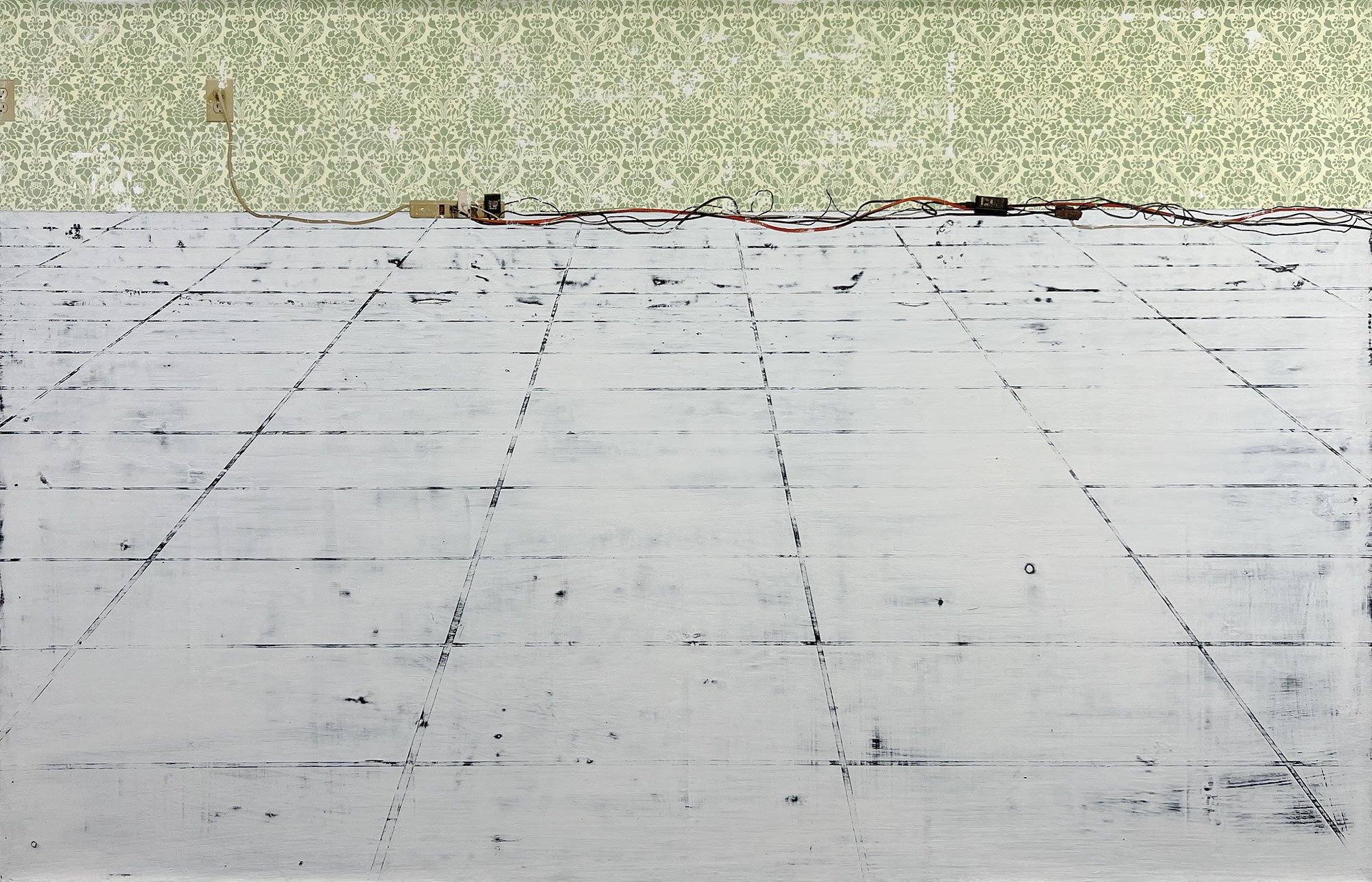  Nimischiiuskataau (Fire That Shakes the Ground)  — acrylic, pigment transfer on canvas, 30 x 46 inches, 2009