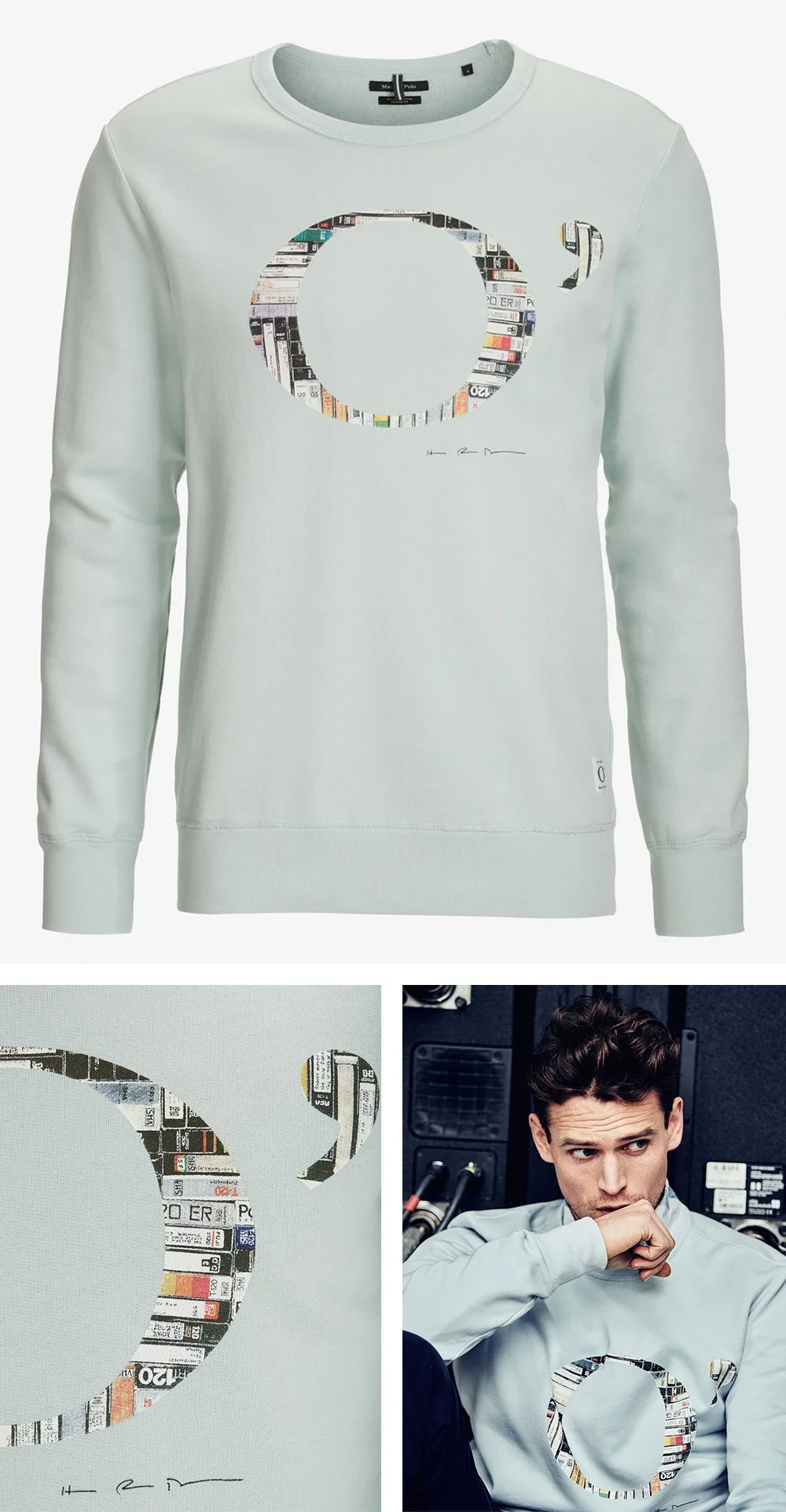 Hollis Brown Thornton commissioned artwork for Marc O’Polo, featuring a circular design constructed from VHS tape imagery, shown alongside the finished sweatshirt.