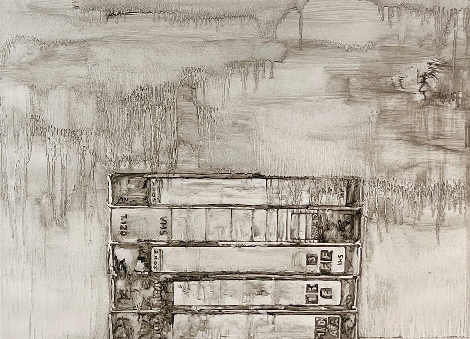 Painting of five stacked VHS tapes emerging from a pale, heavily worked surface, with thin dark outlines, washes, drips, and partially erased details.