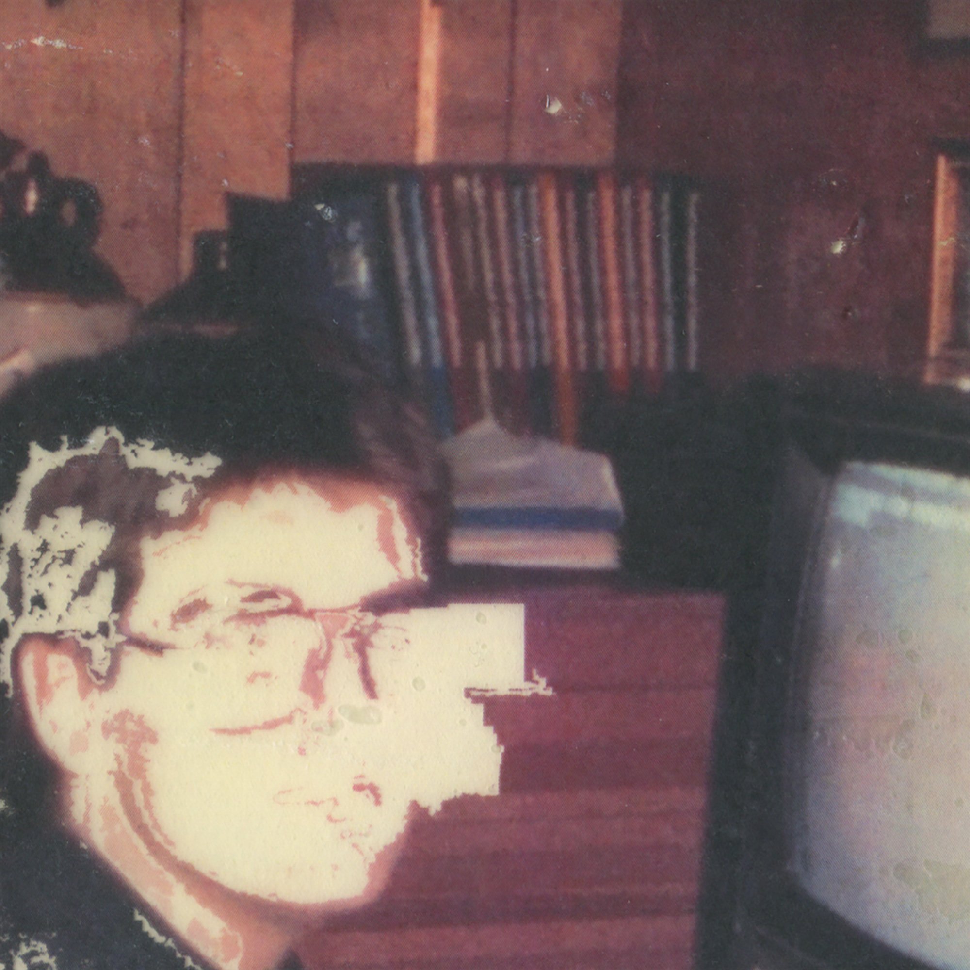 Detail of the pigment transfer showing a child with glasses seated beside a CRT monitor, with portions of the face partially erased.