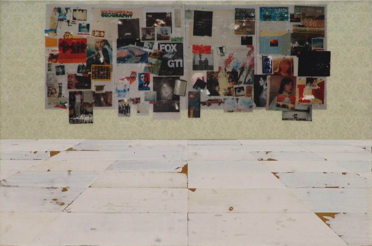 Hollis Brown Thornton painting of an empty interior with pale patterned walls, a worn white tiled floor, and a large collage of photographs, drawings, and cultural imagery covering the wall.