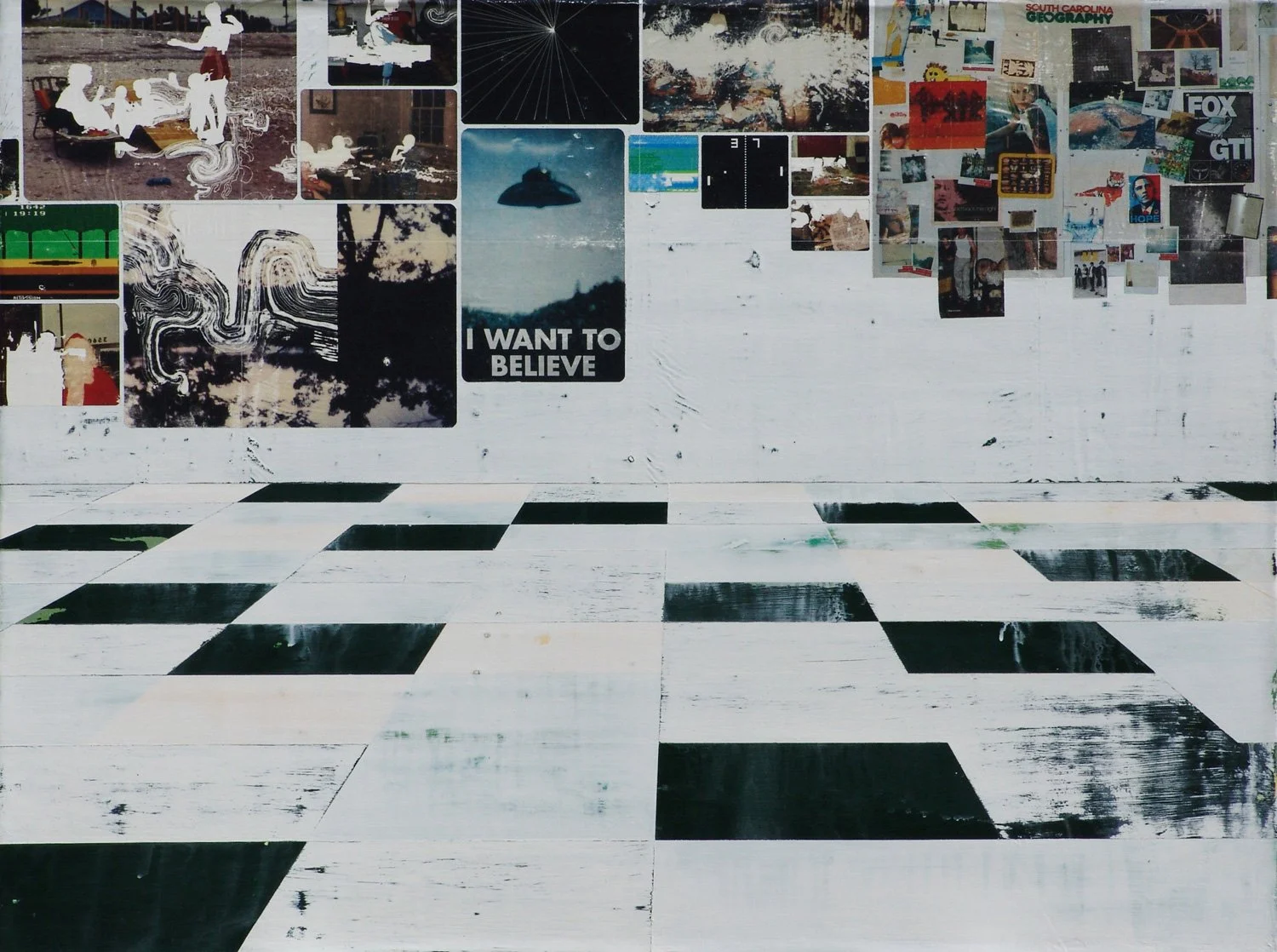 Hollis Brown Thornton painting of an empty interior with a worn black-and-white tiled floor and a wall covered with photographs, drawings, cultural imagery, and an “I Want to Believe” UFO poster.