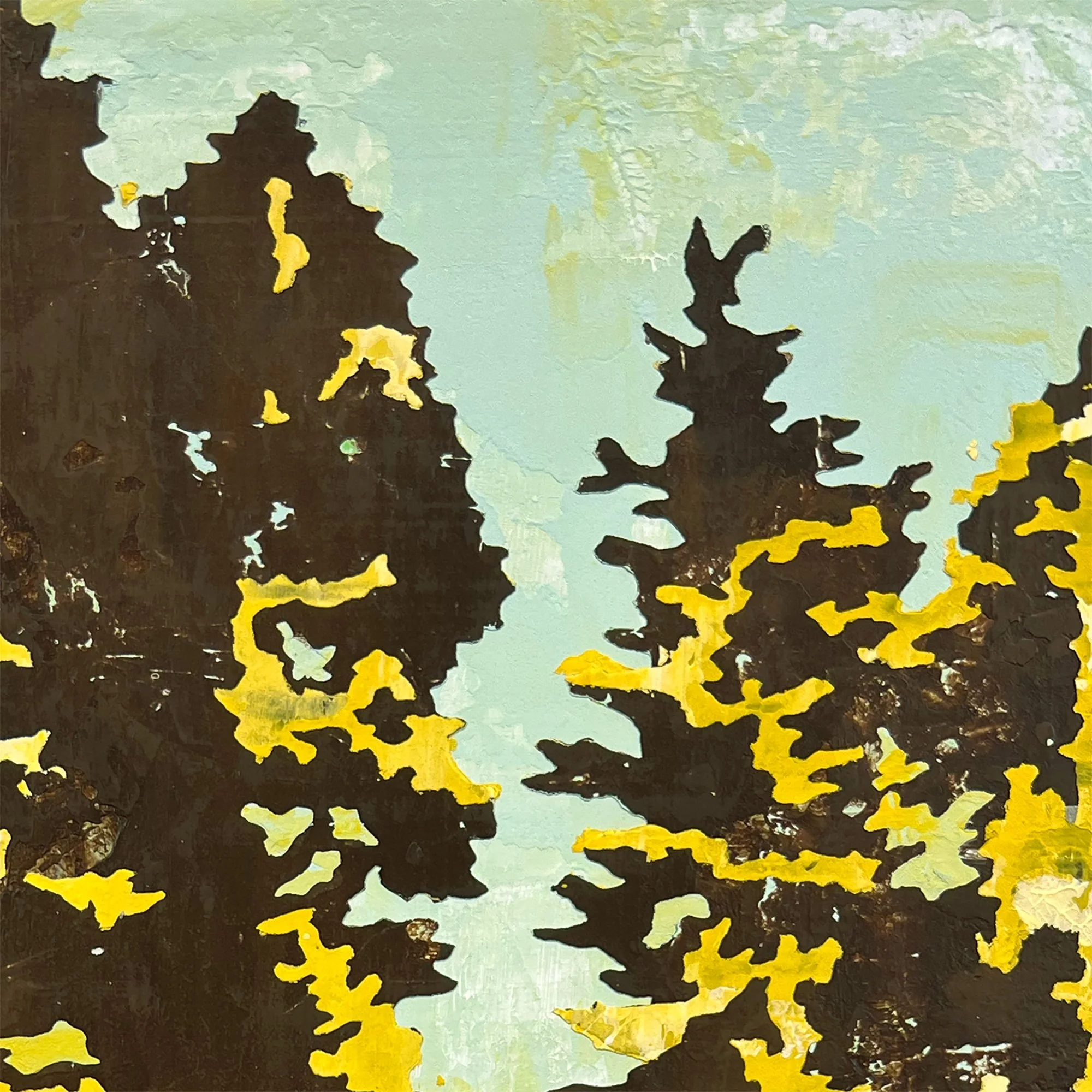 Detail of the painting showing dark brown and vivid yellow trees against a textured pale blue-green background.